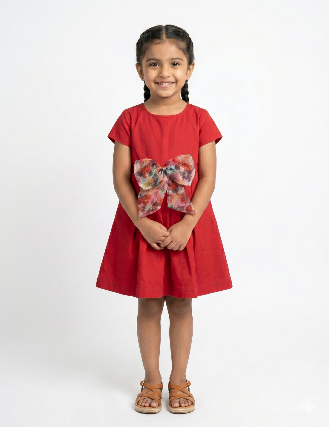 Girls' Red A-Line Cotton Dress with Floral Organza Bow
