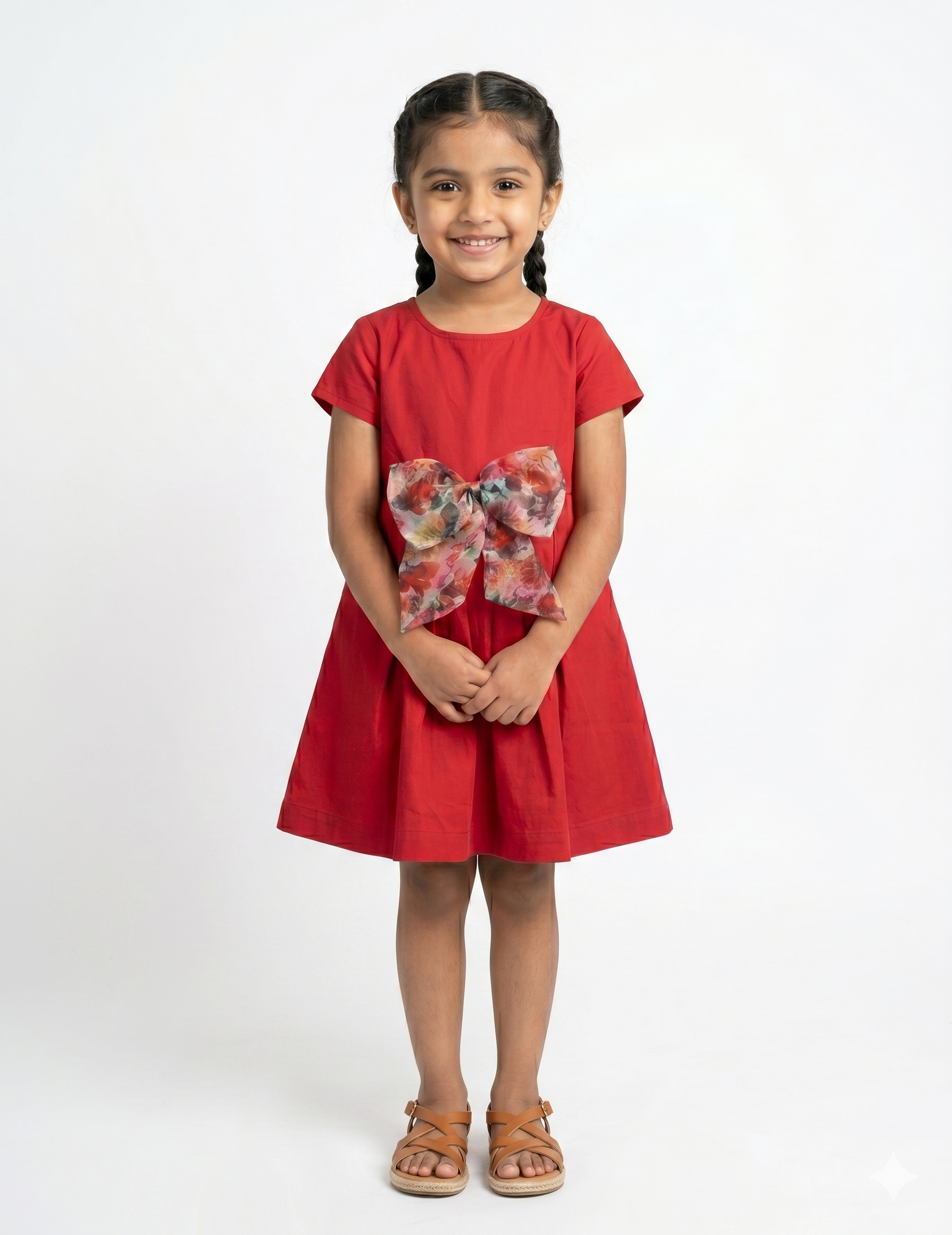 Girls' Red A-Line Cotton Dress with Floral Organza Bow