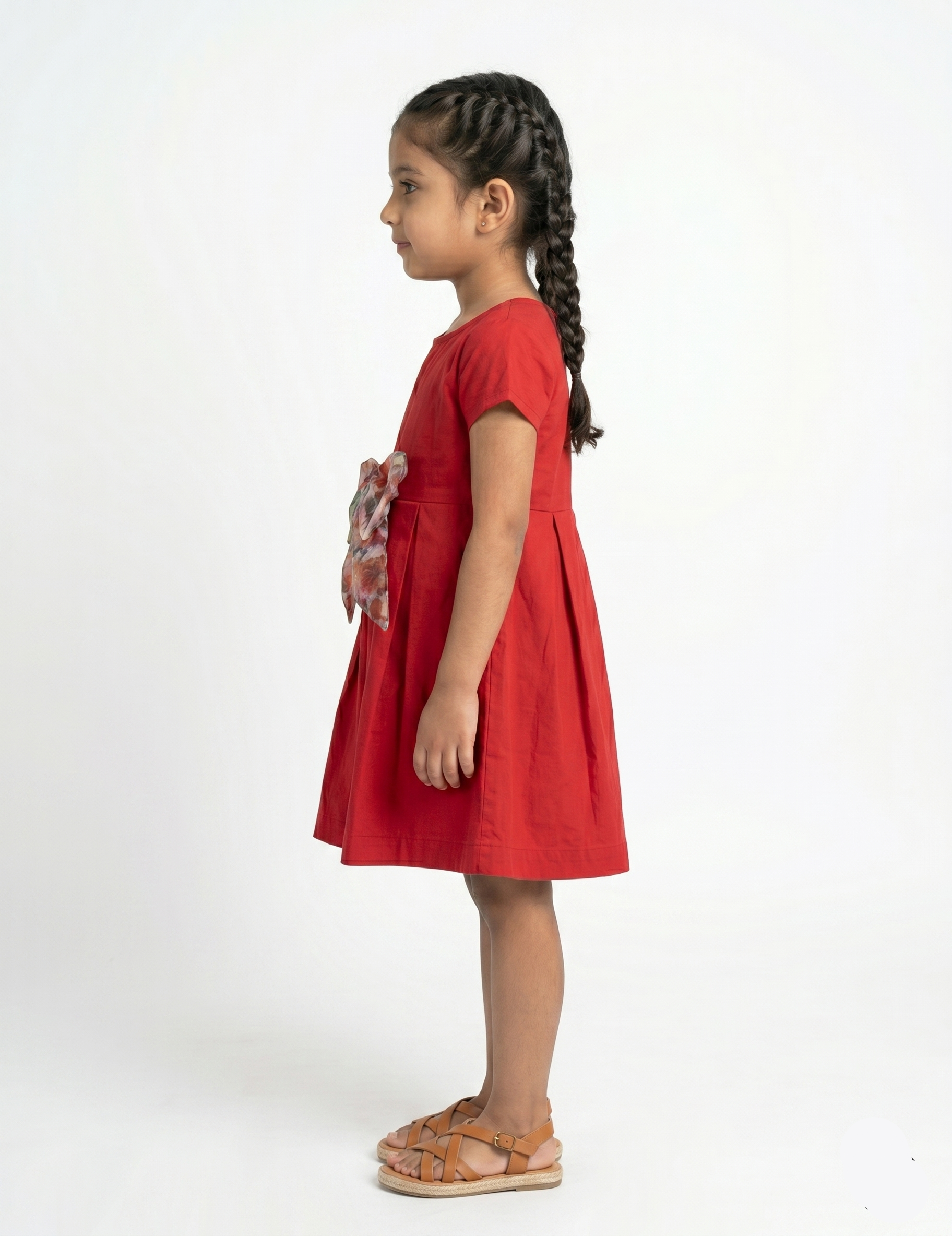 Girls' Red A-Line Cotton Dress with Floral Organza Bow