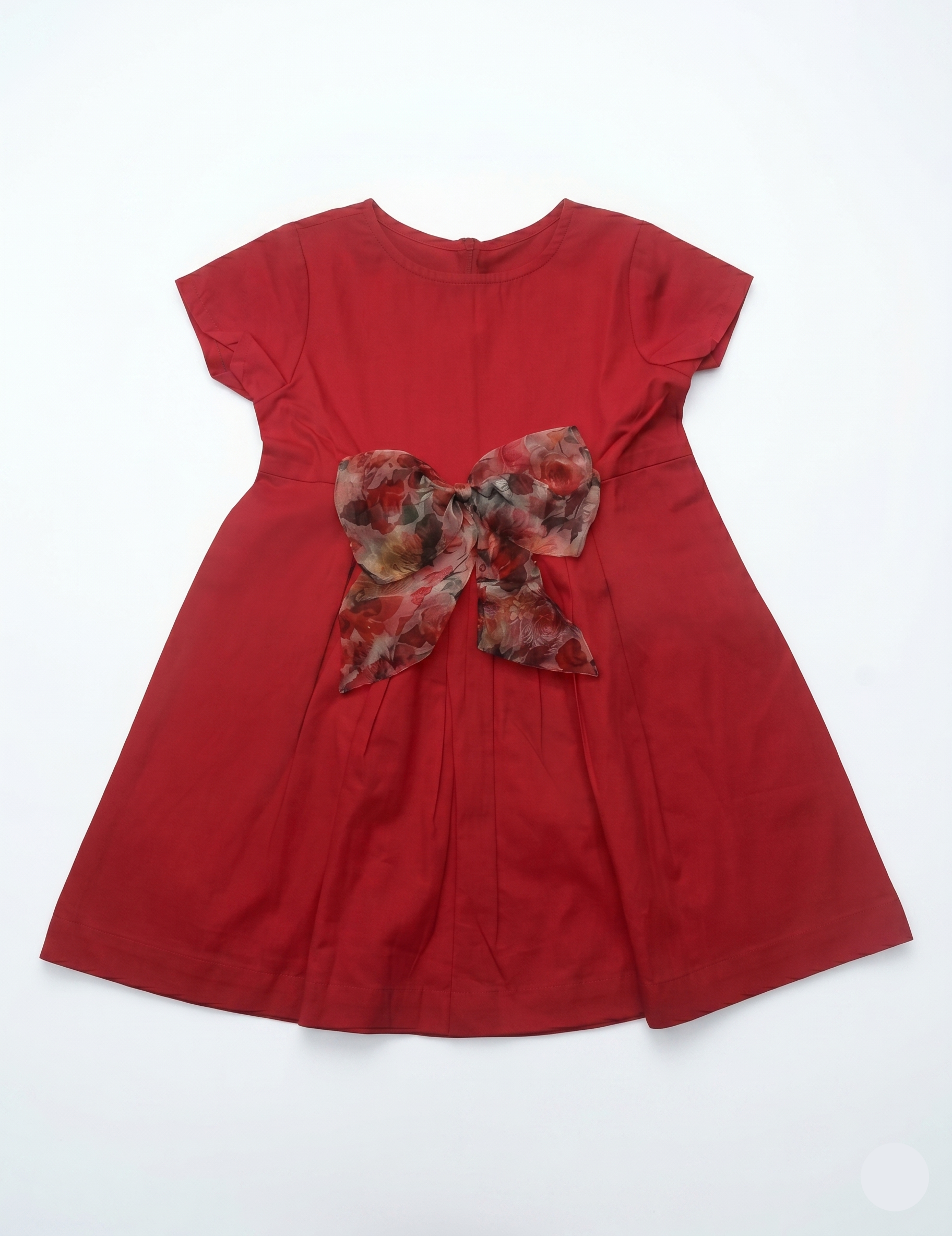 Girls' Red A-Line Cotton Dress with Floral Organza Bow