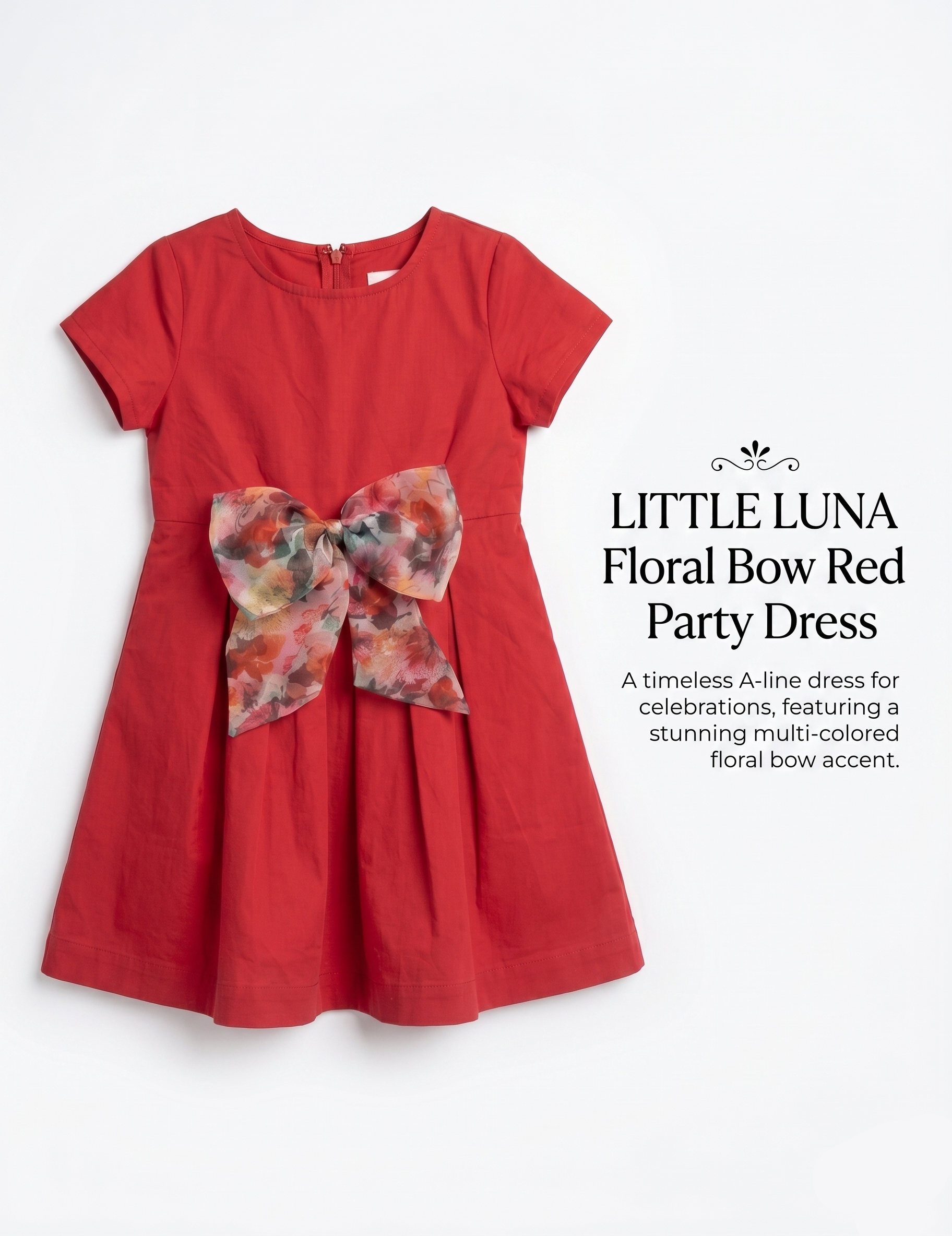 Girls' Red A-Line Cotton Dress with Floral Organza Bow
