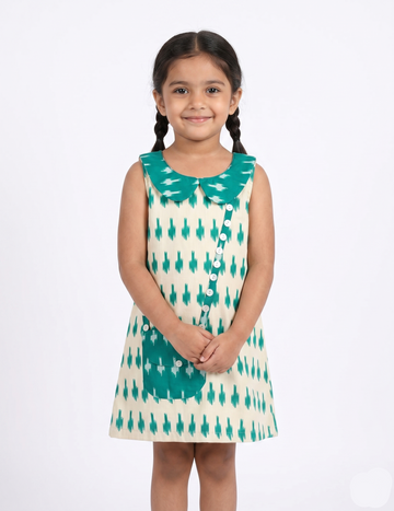 Girls' Teal Ikat Print Shift Dress with Peter Pan Collar