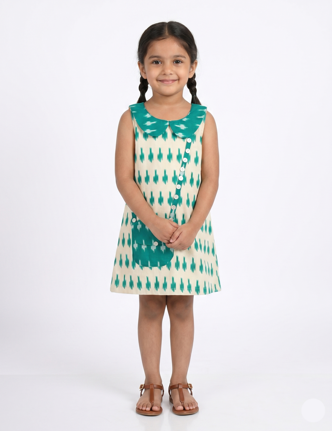 Girls' Teal Ikat Print Shift Dress with Peter Pan Collar