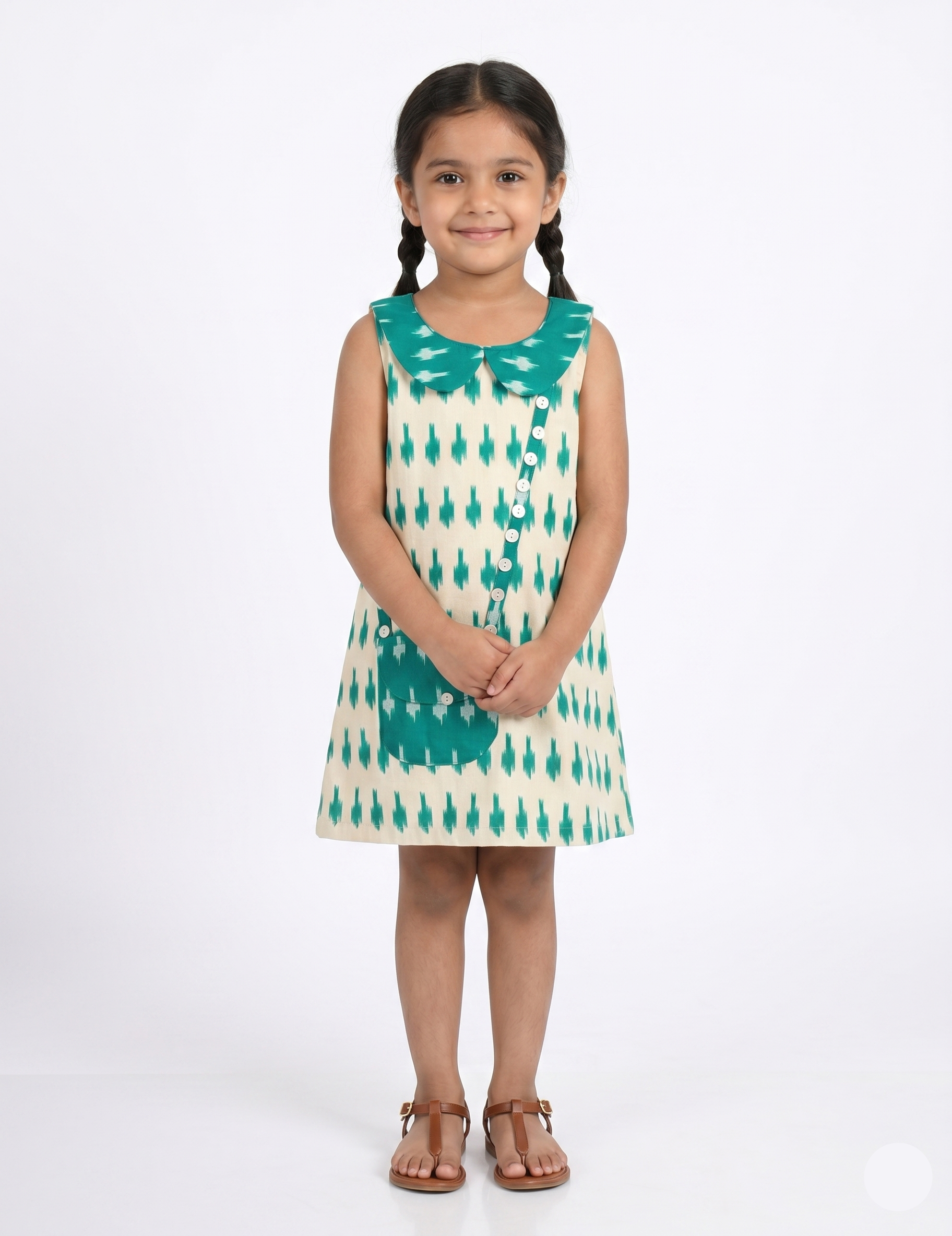 Girls' Teal Ikat Print Shift Dress with Peter Pan Collar