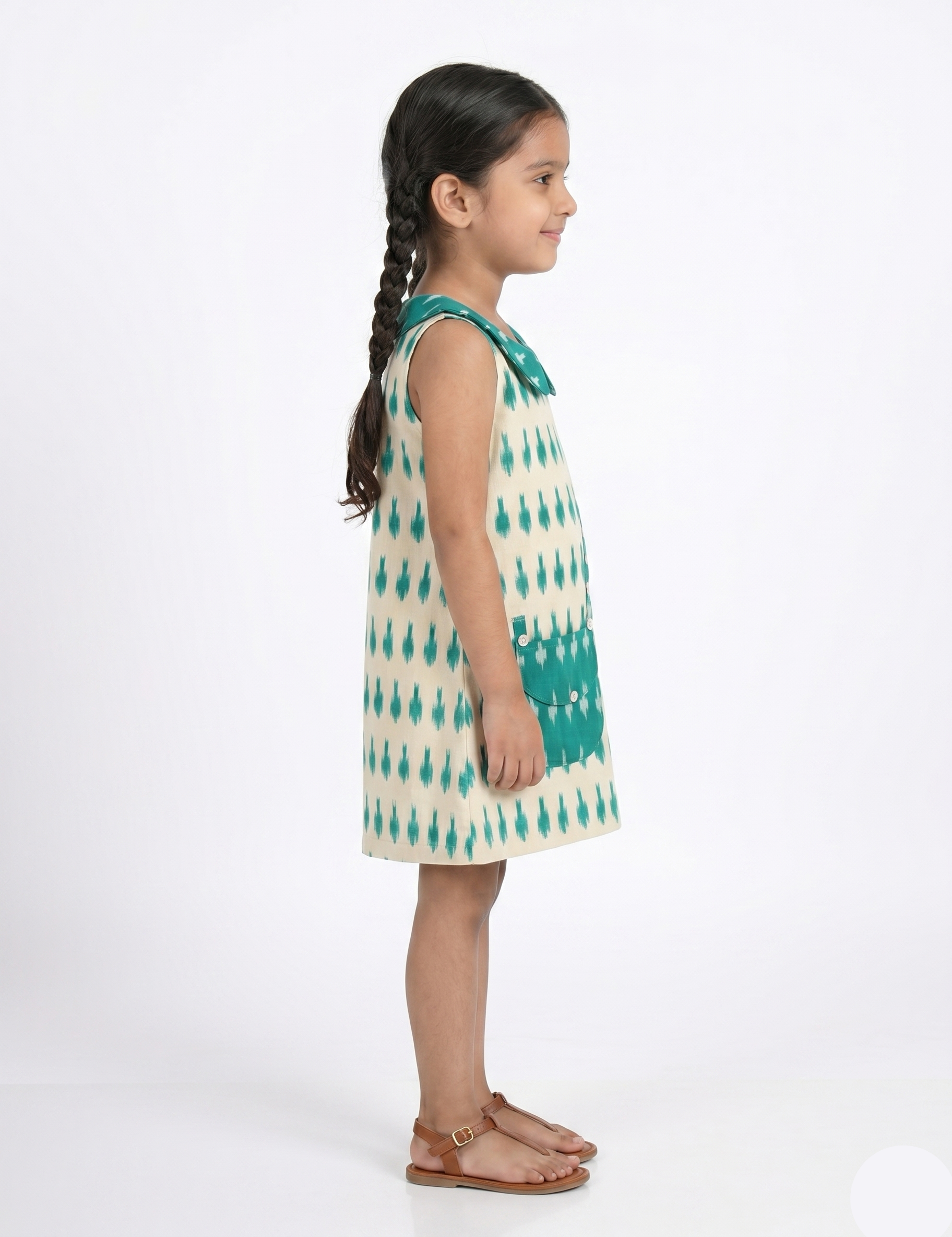 Girls' Teal Ikat Print Shift Dress with Peter Pan Collar