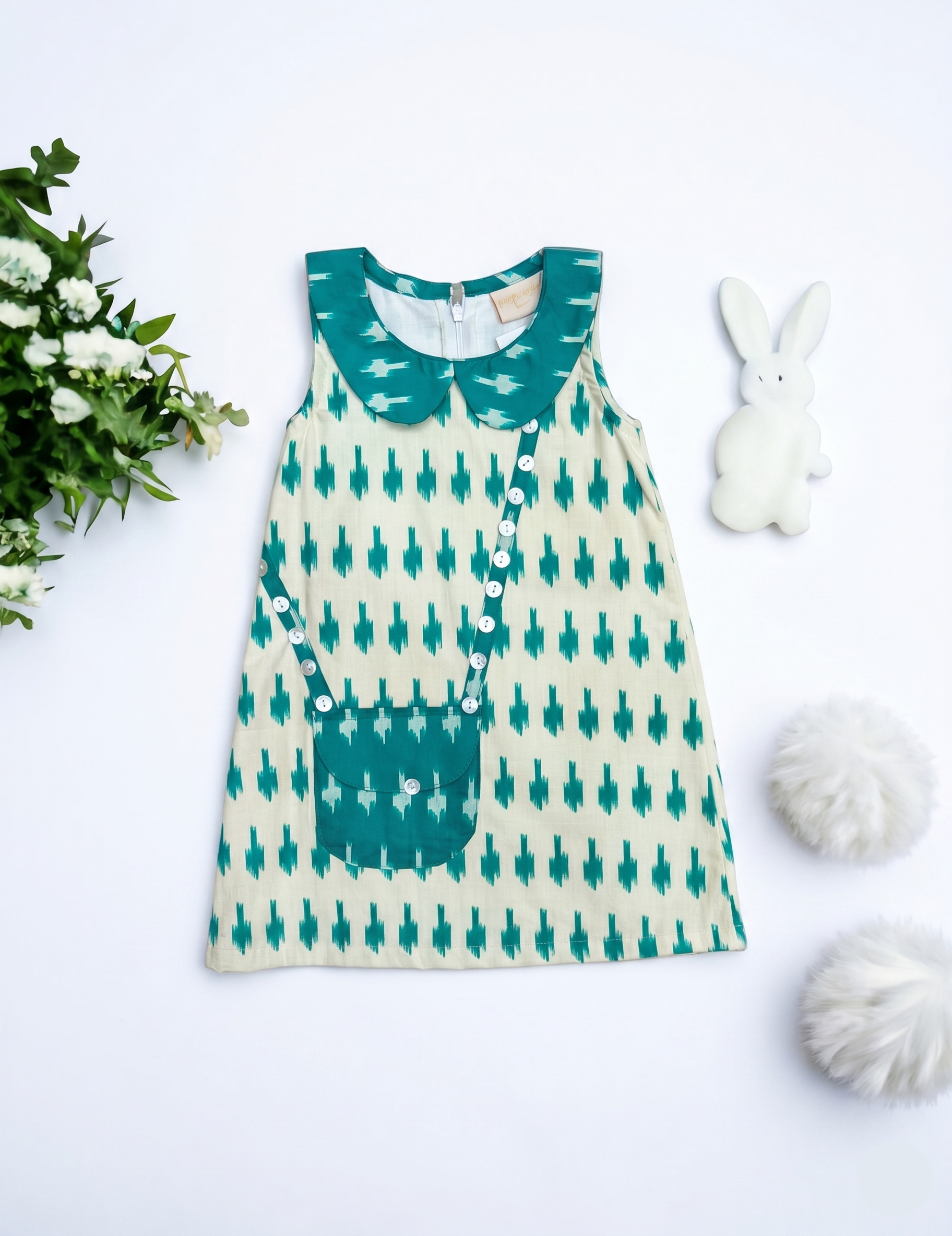 Girls' Teal Ikat Print Shift Dress with Peter Pan Collar