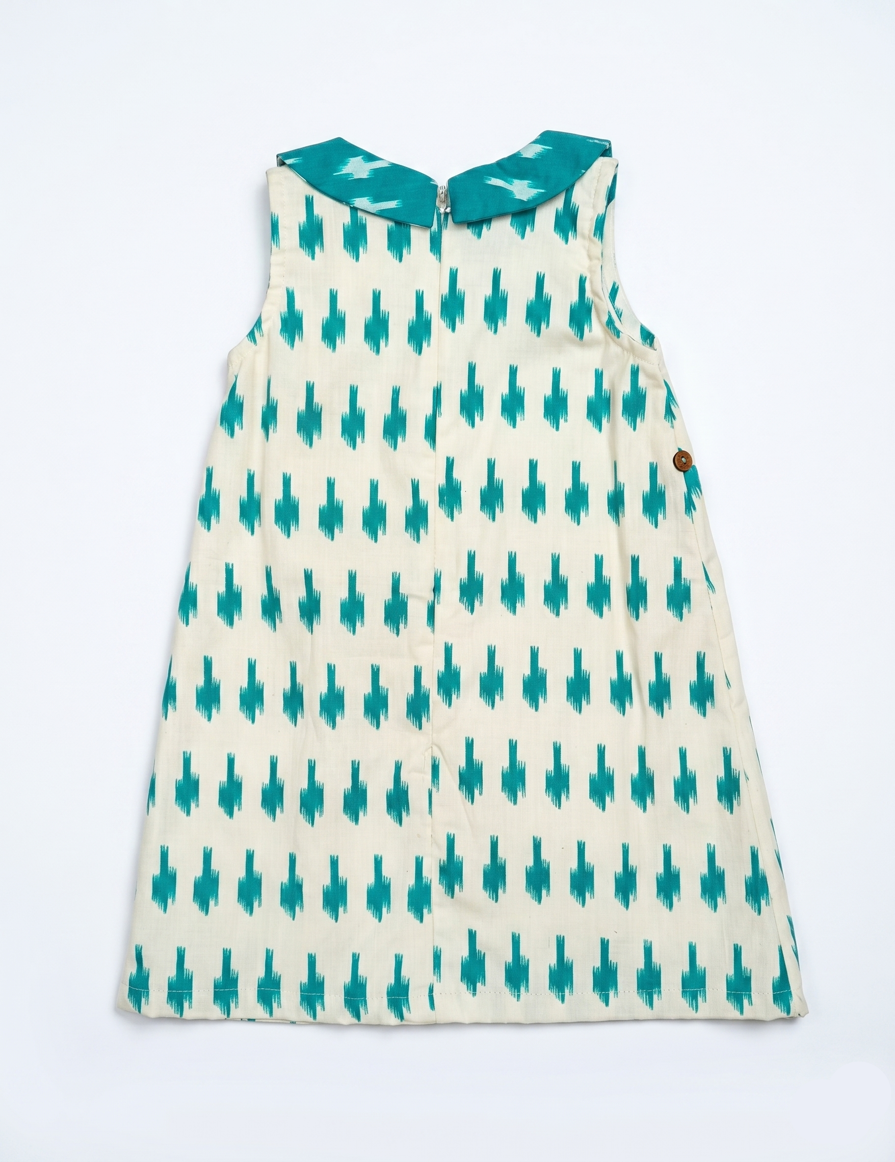 Girls' Teal Ikat Print Shift Dress with Peter Pan Collar