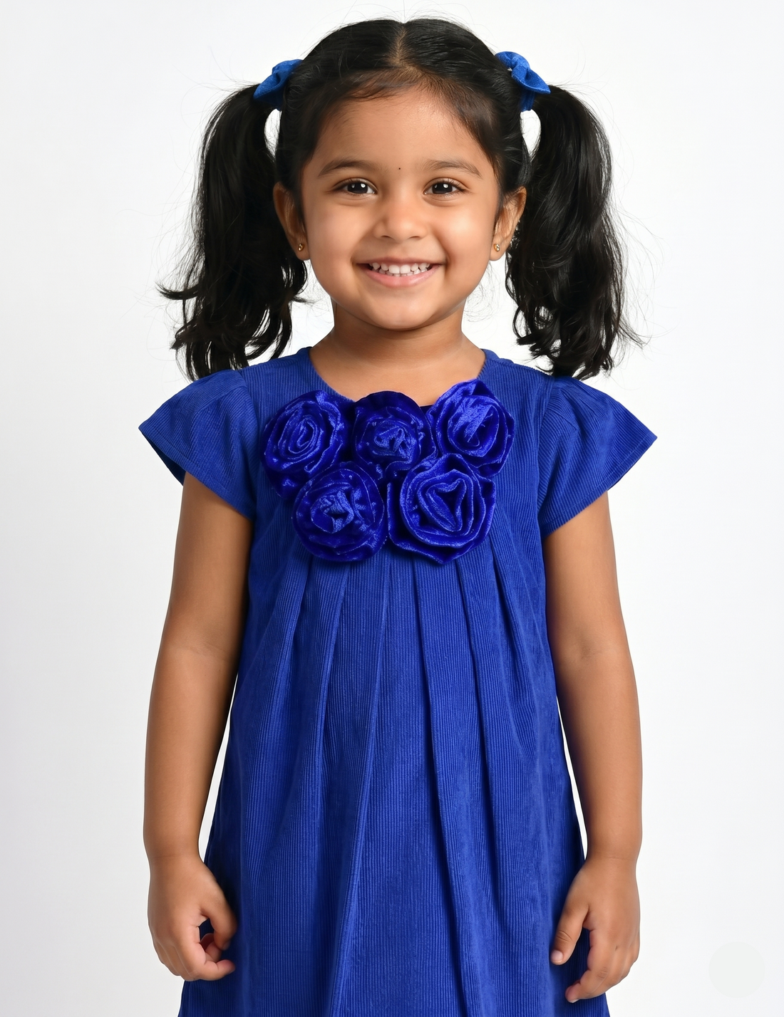 Girls Royal Blue A-Line Corduroy Dress with Fabric Rosettes