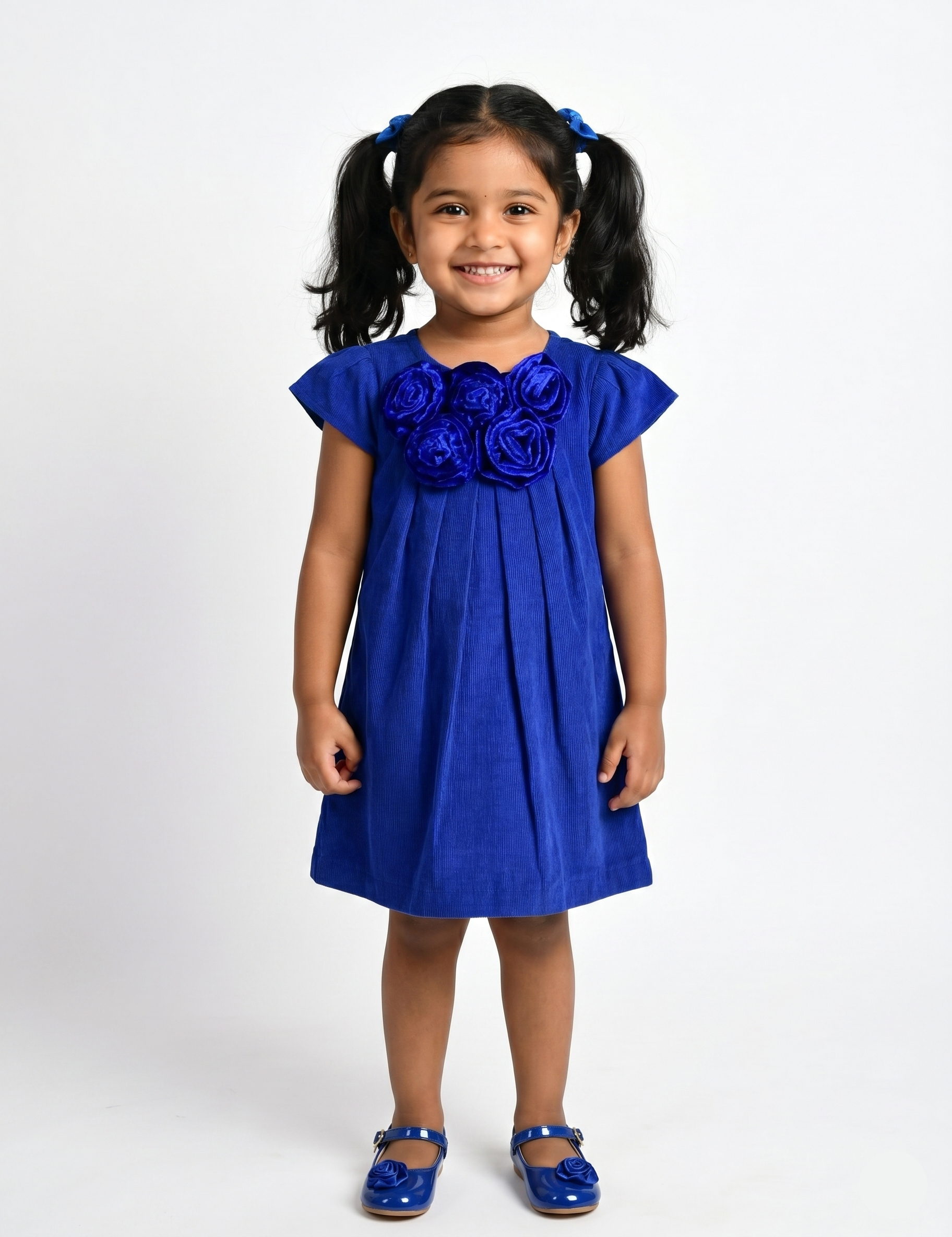Girls Royal Blue A-Line Corduroy Dress with Fabric Rosettes
