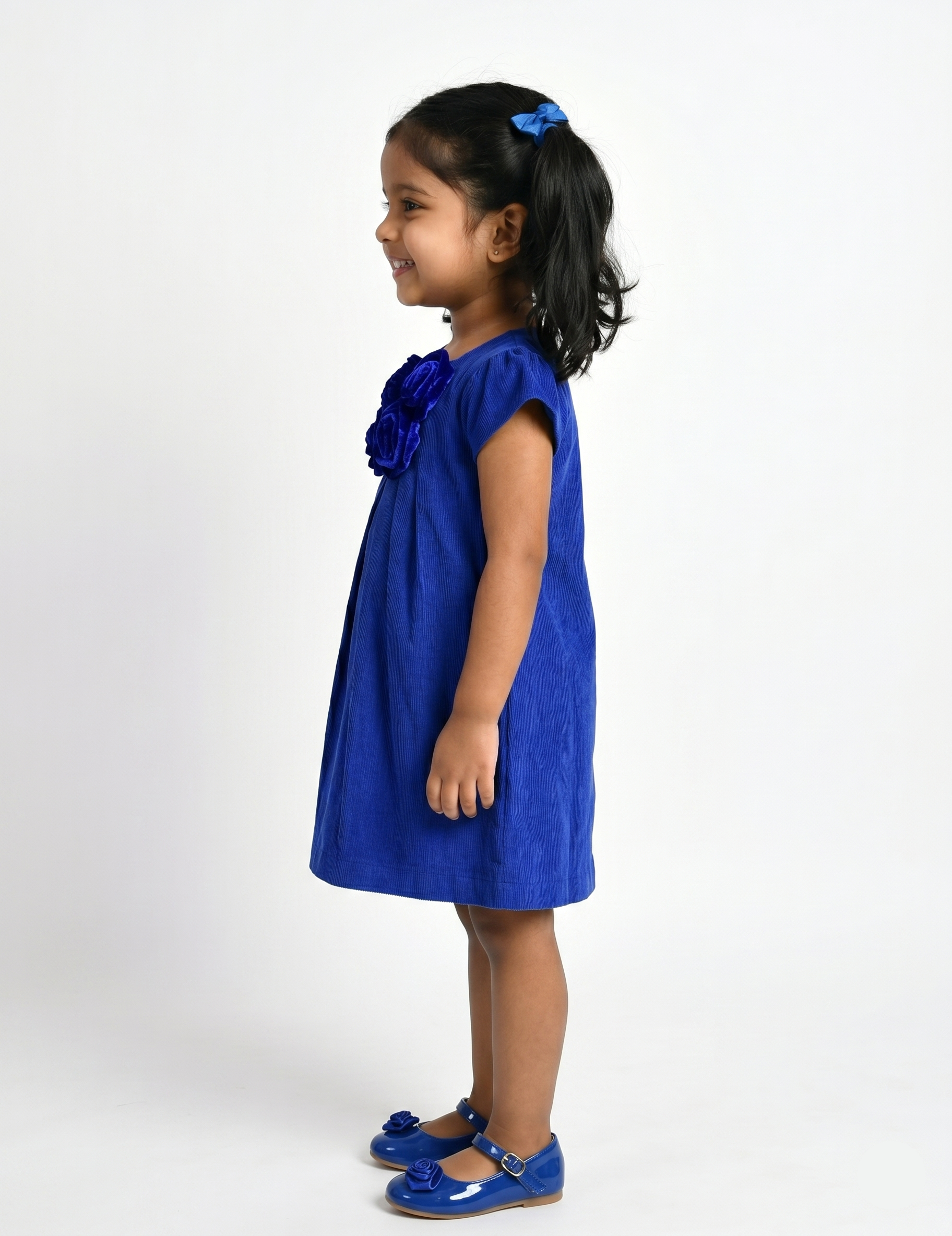 Girls Royal Blue A-Line Corduroy Dress with Fabric Rosettes
