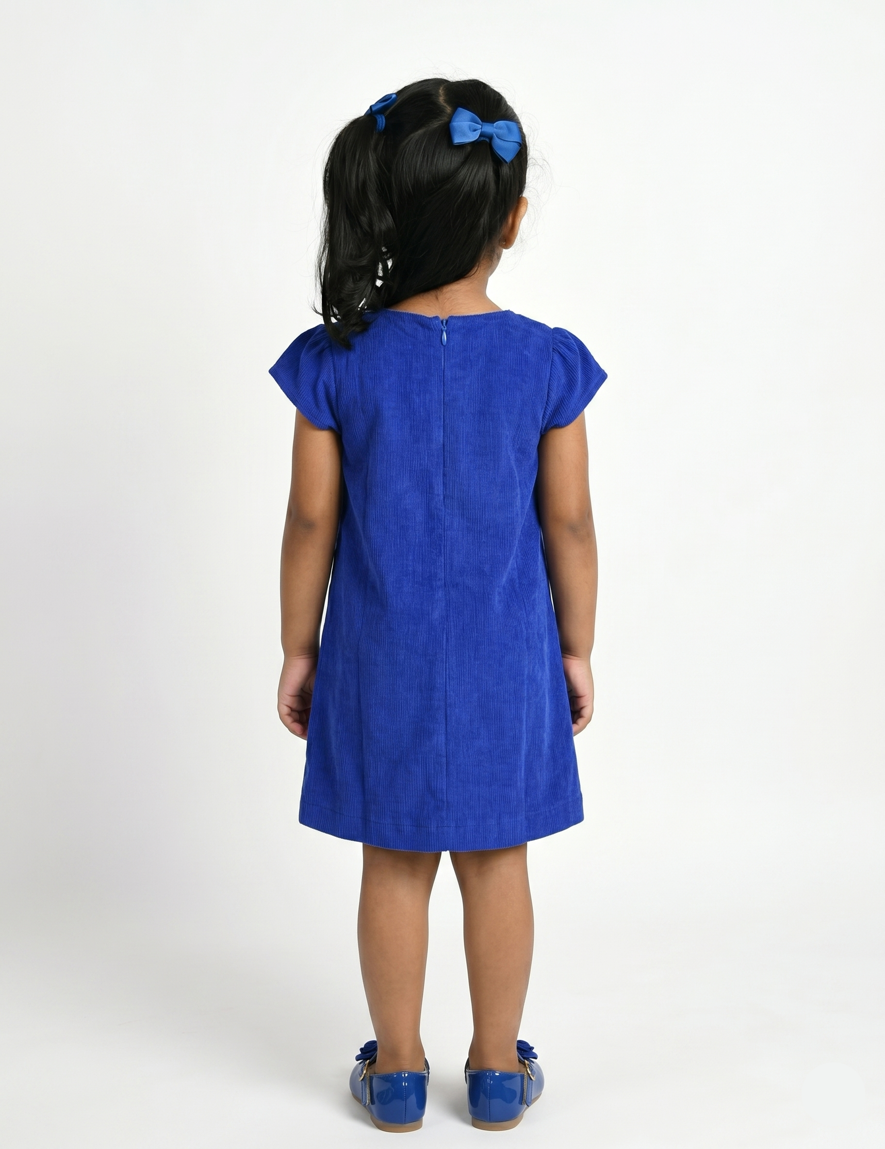 Girls Royal Blue A-Line Corduroy Dress with Fabric Rosettes