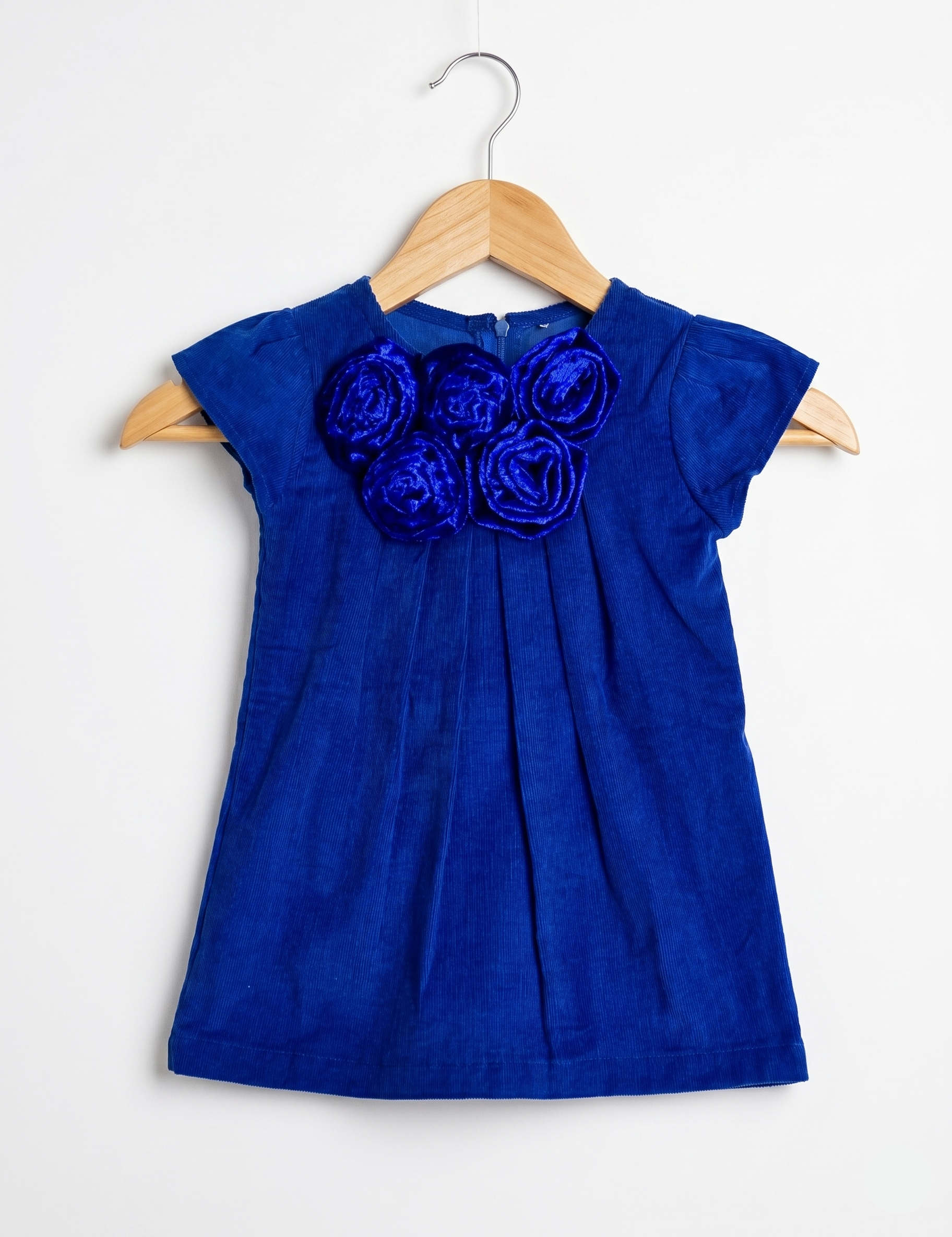 Girls Royal Blue A-Line Corduroy Dress with Fabric Rosettes