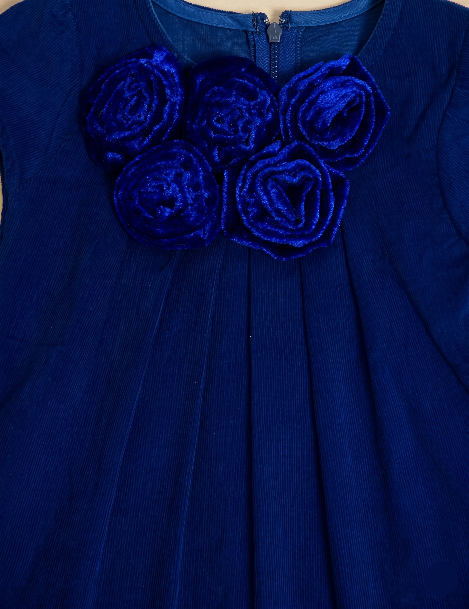 Girls Royal Blue A-Line Corduroy Dress with Fabric Rosettes