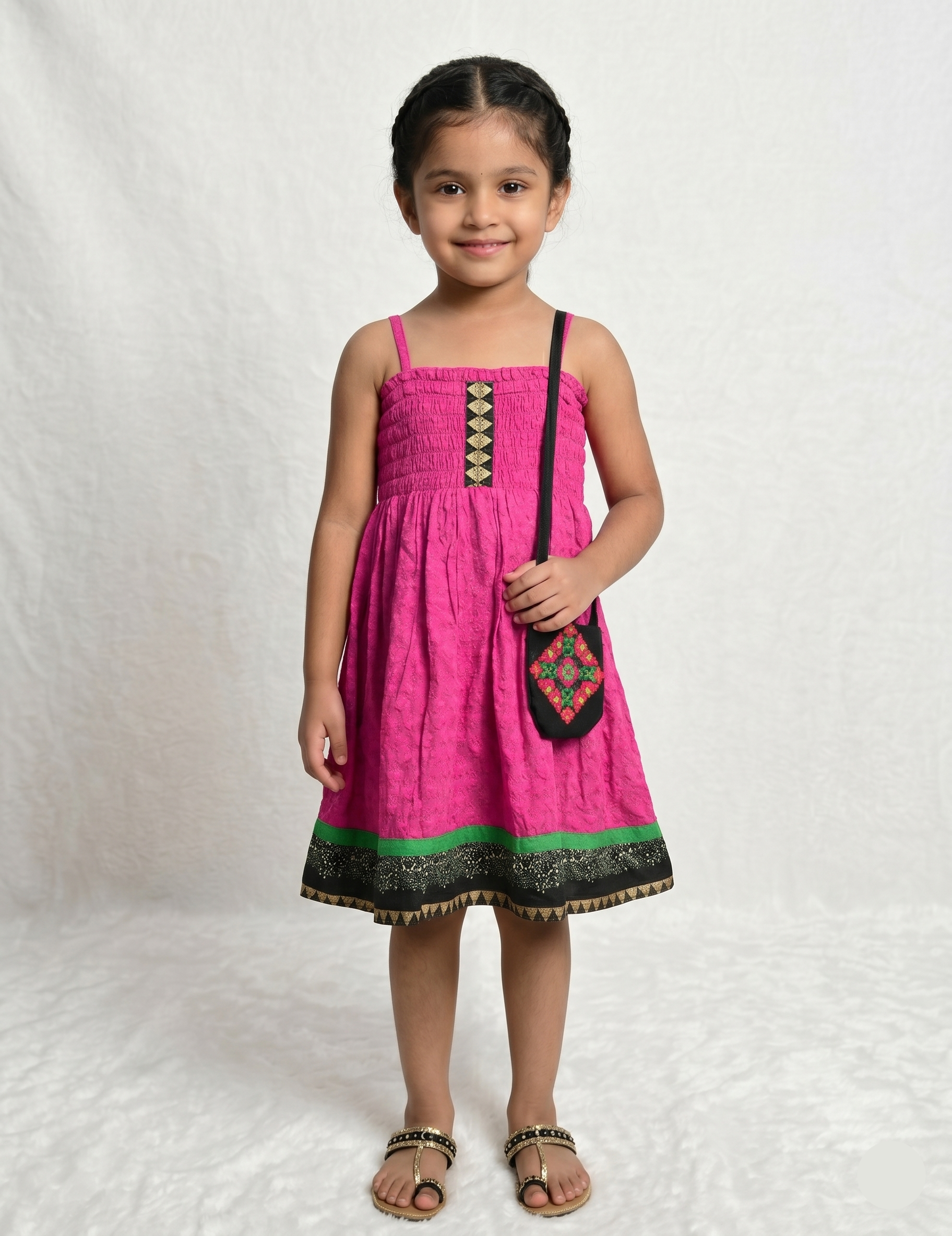Girls Pink Smocked Strap Dress with Matching Embroidered Sling Bag
