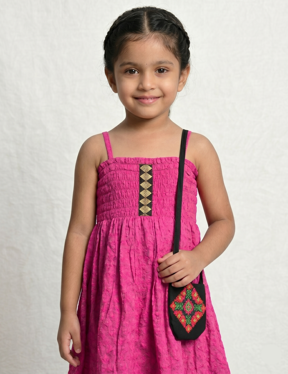 Girls Pink Smocked Strap Dress with Matching Embroidered Sling Bag