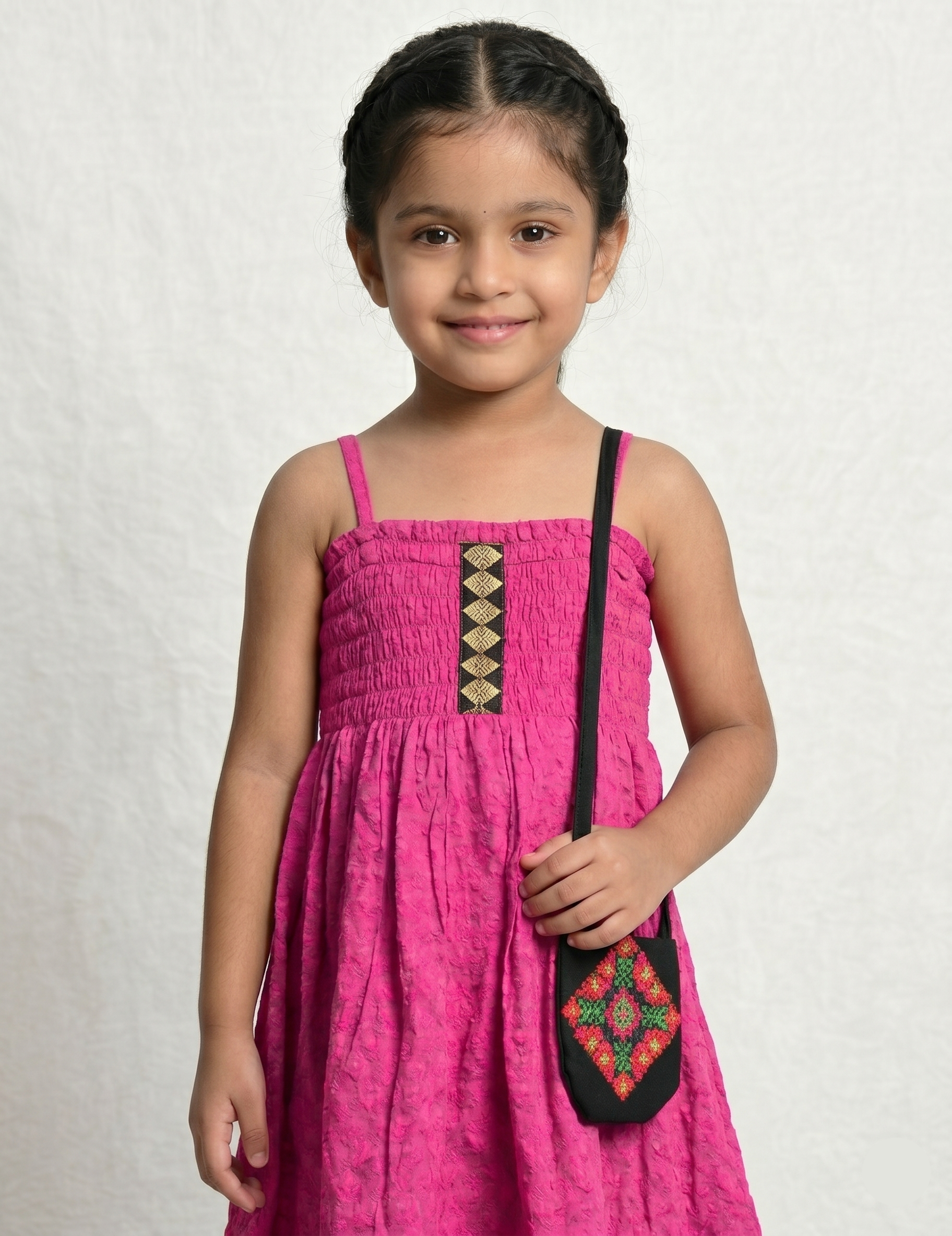 Girls Pink Smocked Strap Dress with Matching Embroidered Sling Bag