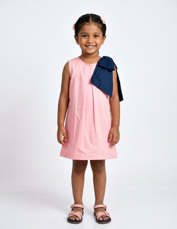 Sleeveless Pastel Pink A-Line Girls Dress with Navy Shoulder Bow