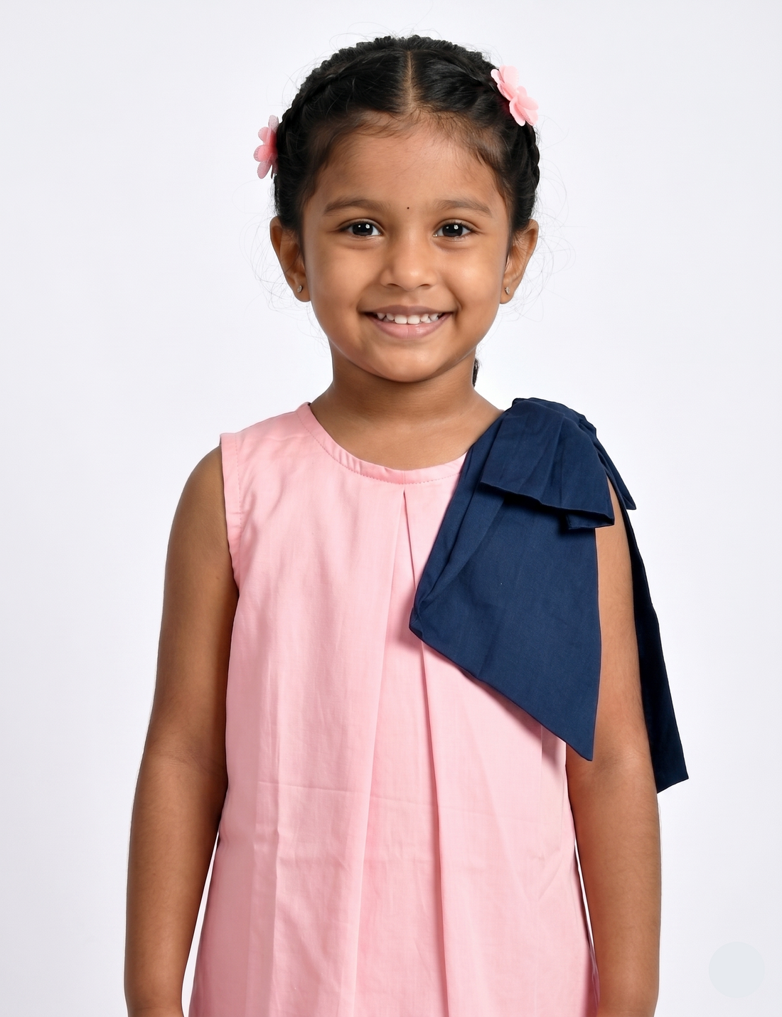 Sleeveless Pastel Pink A-Line Girls Dress with Navy Shoulder Bow