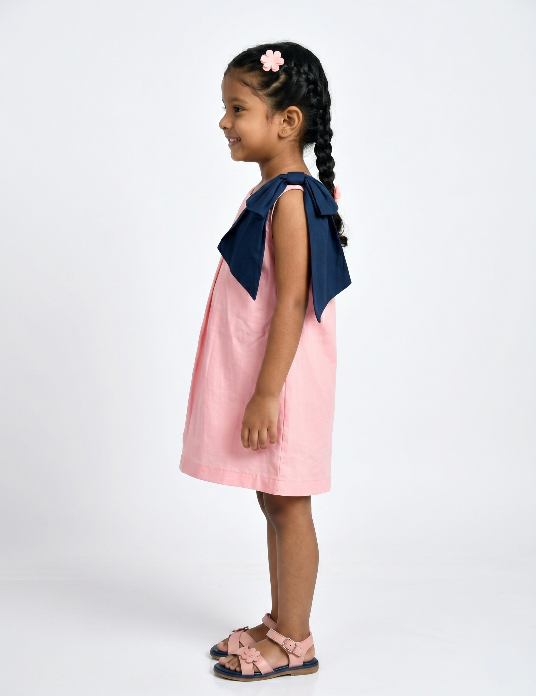 Sleeveless Pastel Pink A-Line Girls Dress with Navy Shoulder Bow