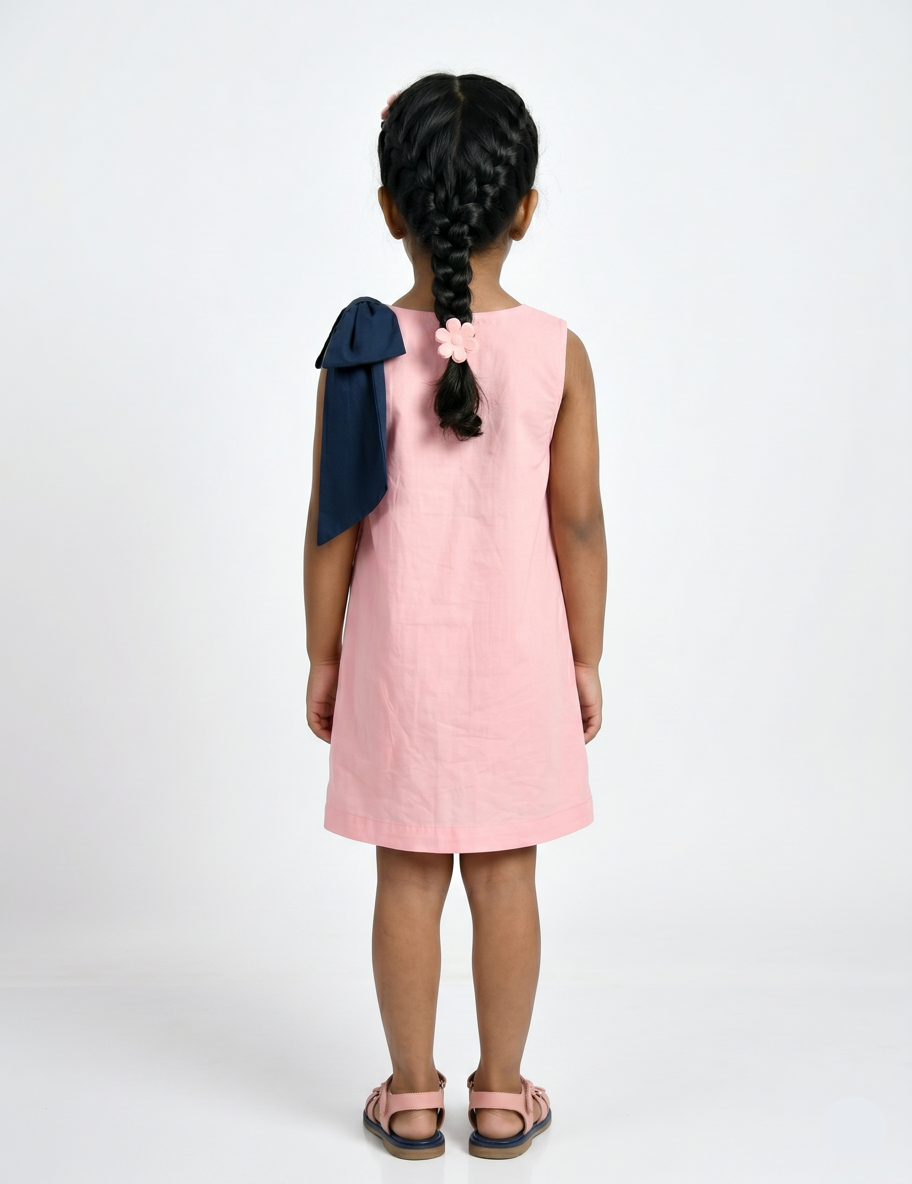 Sleeveless Pastel Pink A-Line Girls Dress with Navy Shoulder Bow