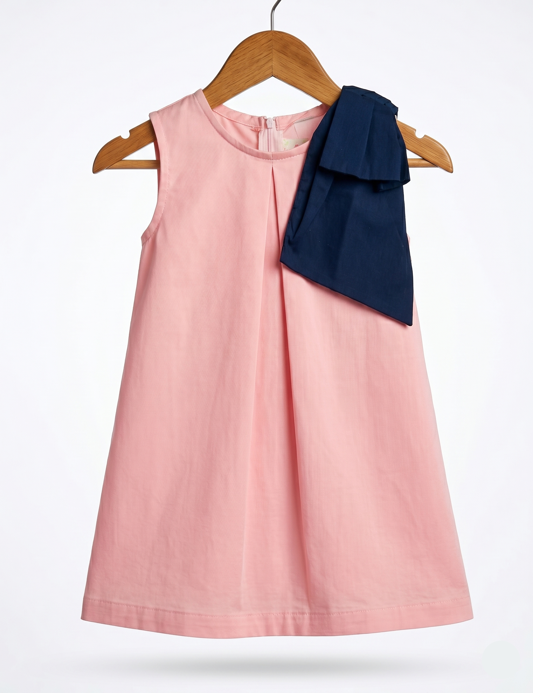 Sleeveless Pastel Pink A-Line Girls Dress with Navy Shoulder Bow