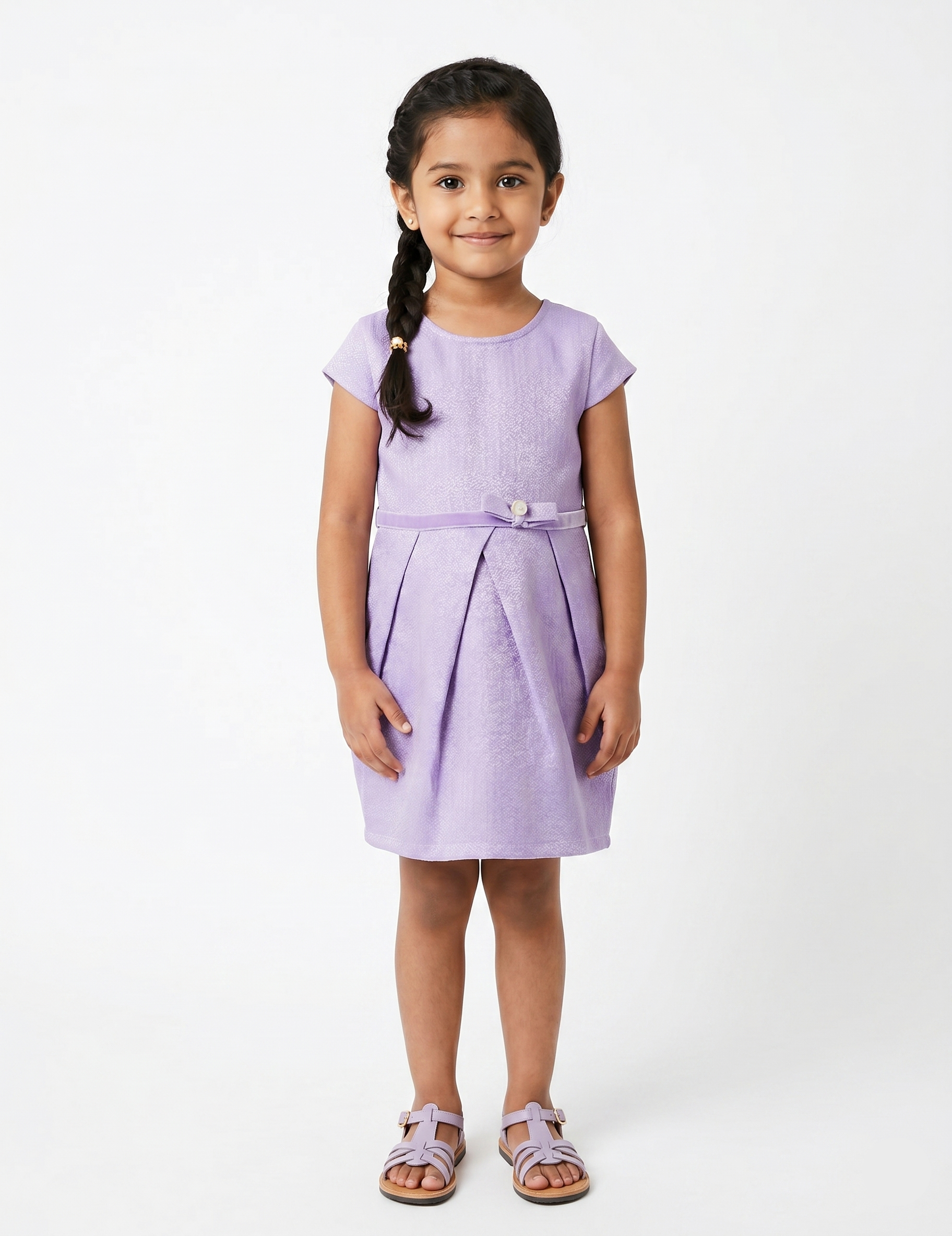 Lilac Purple Cap Sleeve Girls Dress with Pearl Bow