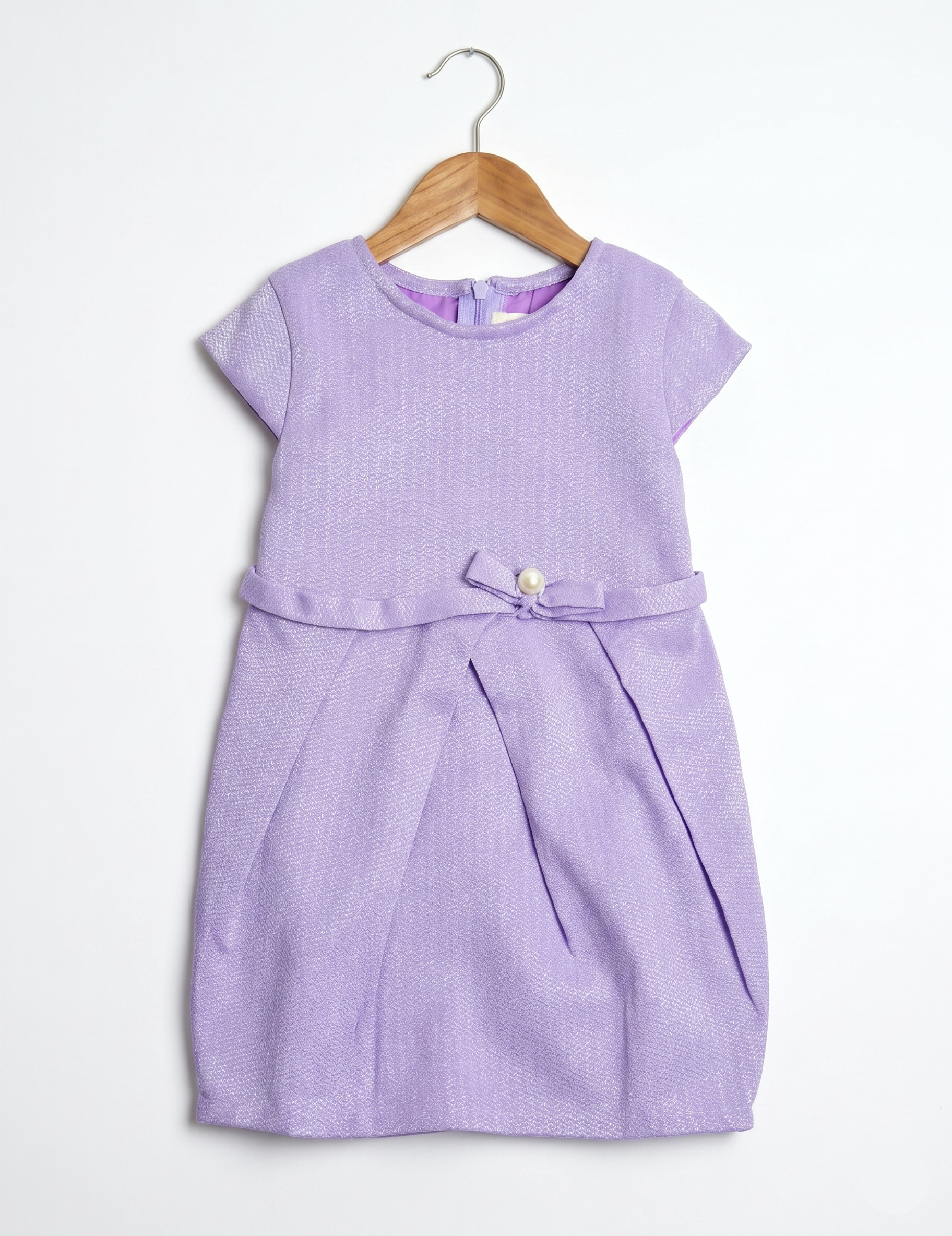 Lilac Purple Cap Sleeve Girls Dress with Pearl Bow