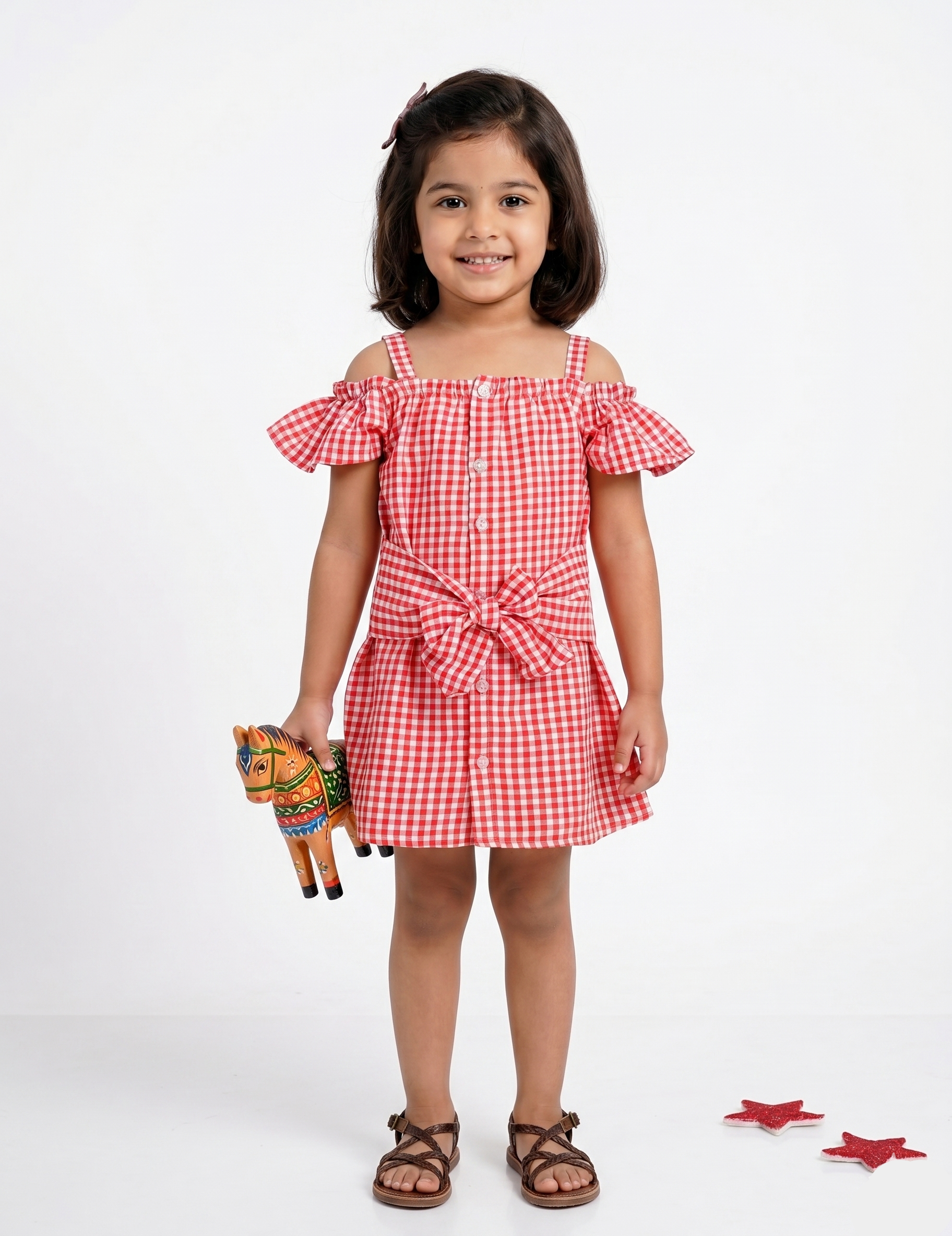 Red and White Gingham Cold Shoulder Girls Dress with Front Bow