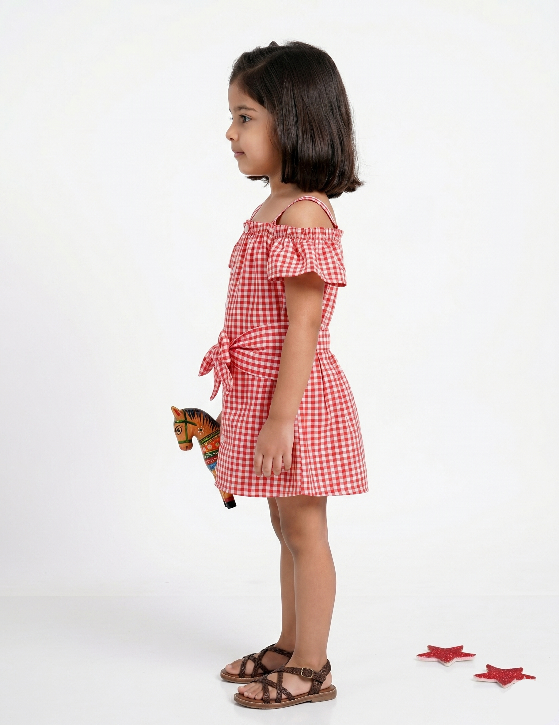 Red and White Gingham Cold Shoulder Girls Dress with Front Bow