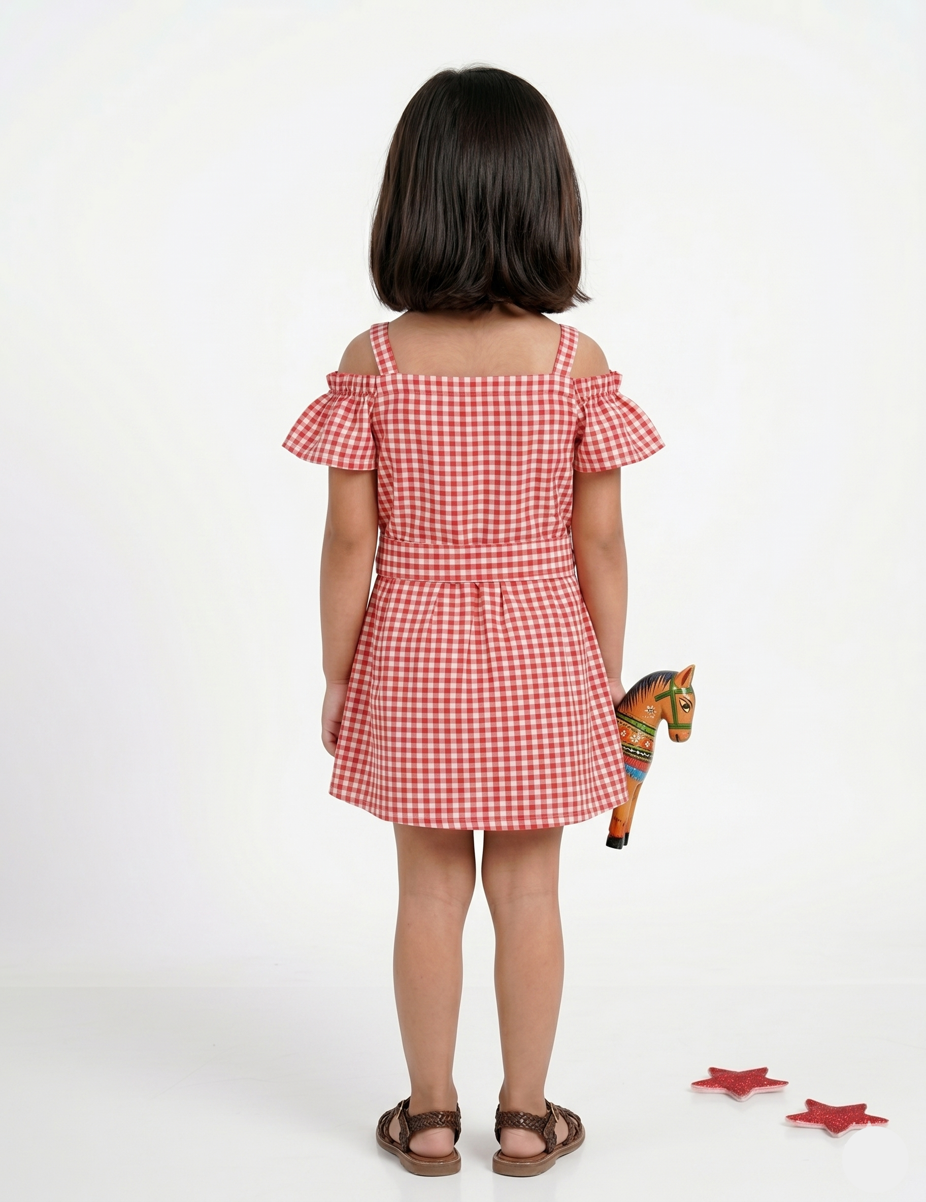 Red and White Gingham Cold Shoulder Girls Dress with Front Bow