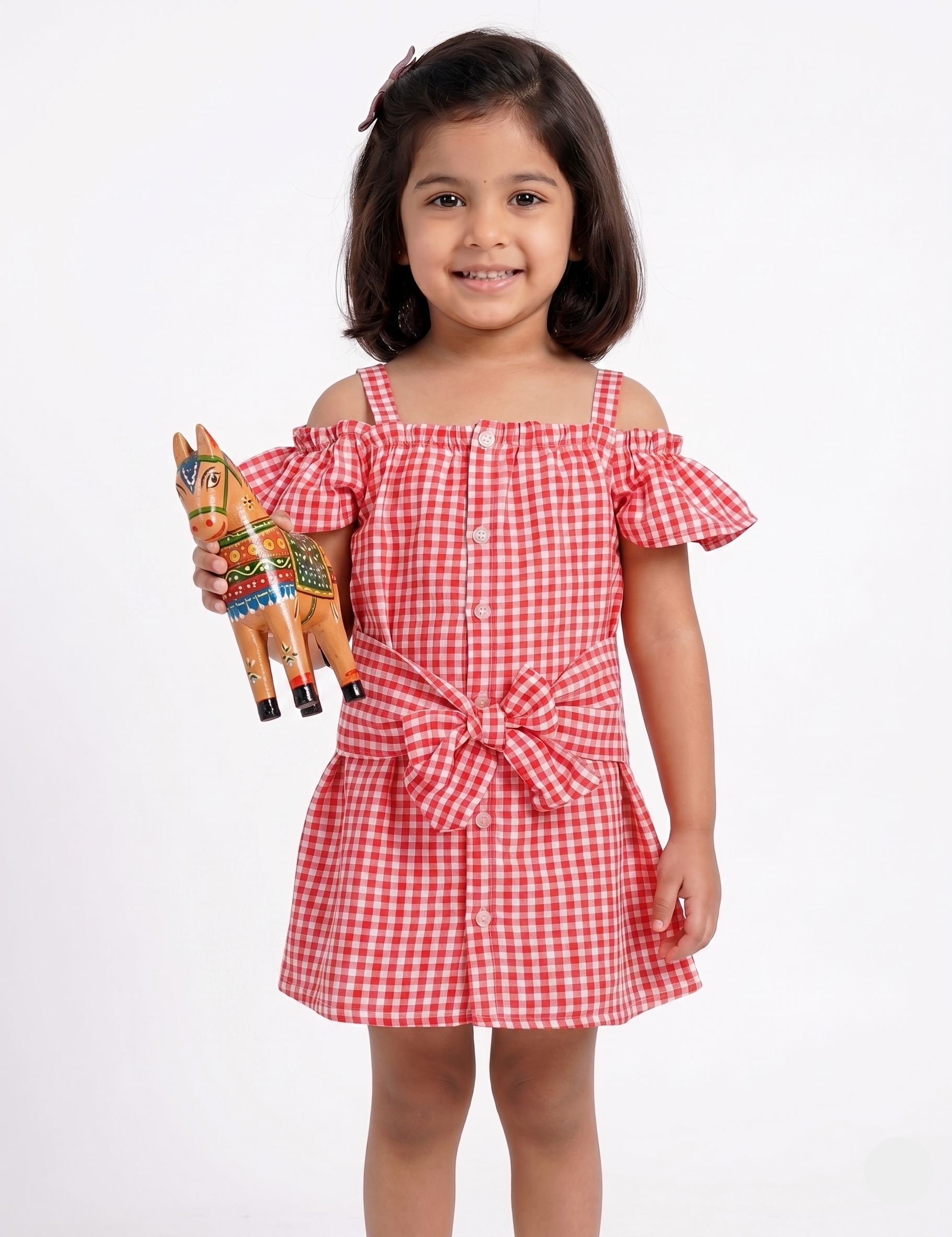 Red and White Gingham Cold Shoulder Girls Dress with Front Bow