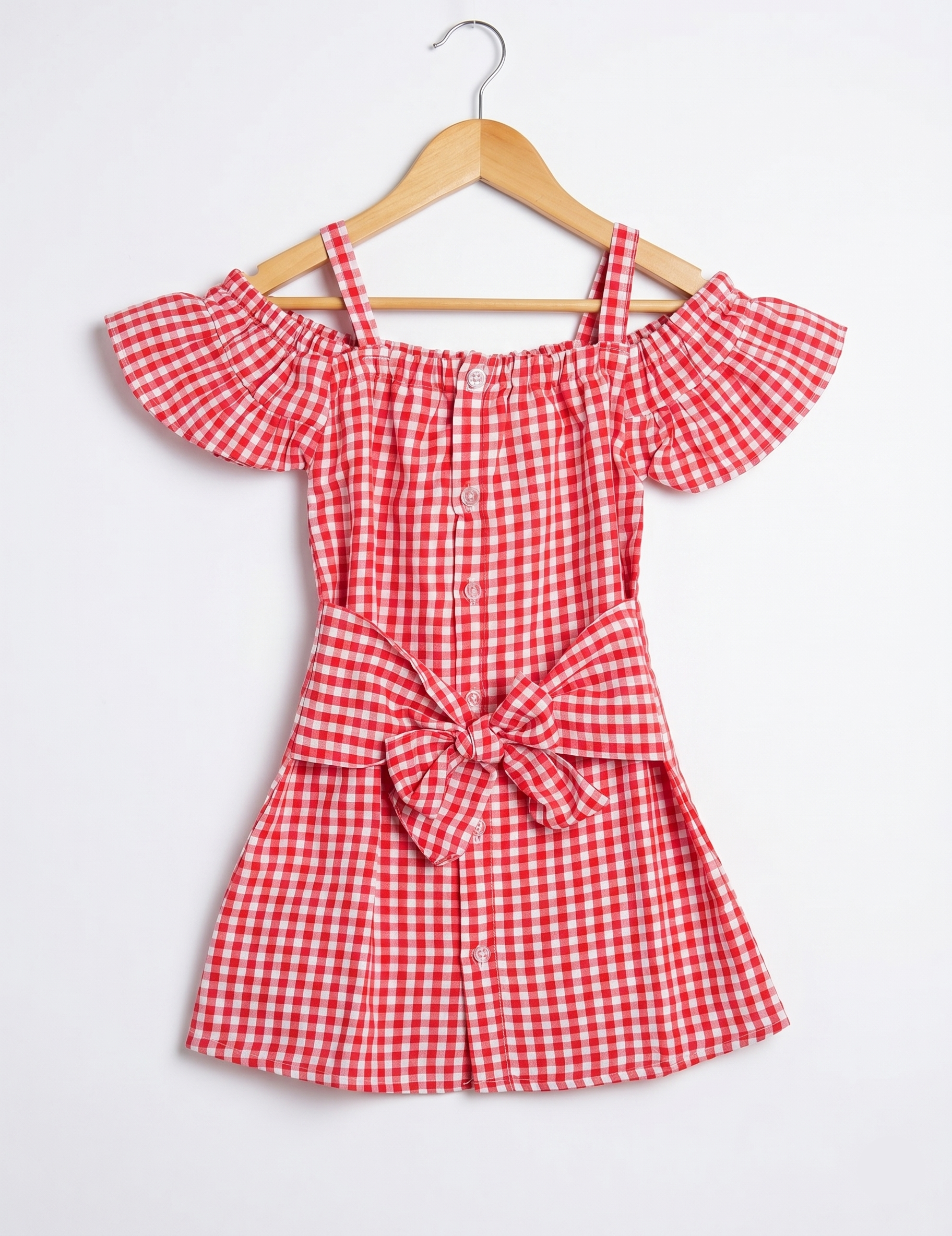 Red and White Gingham Cold Shoulder Girls Dress with Front Bow