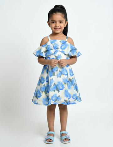 Blue Rose Floral Cold Shoulder Girls Dress with Ruffle Neckline