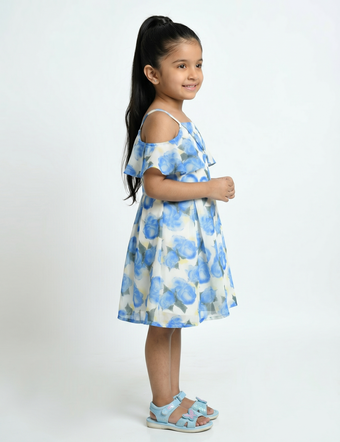 Blue Rose Floral Cold Shoulder Girls Dress with Ruffle Neckline