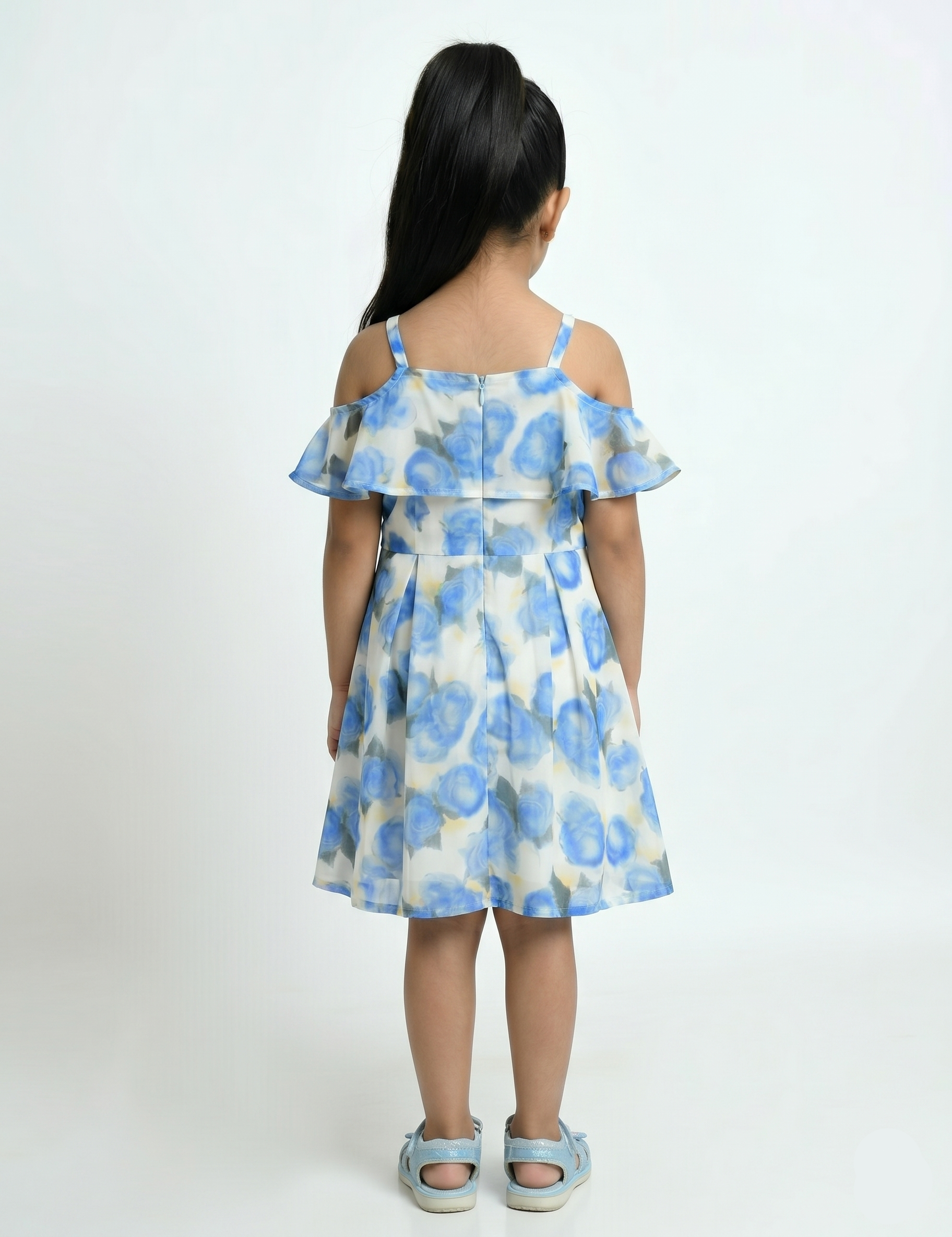 Blue Rose Floral Cold Shoulder Girls Dress with Ruffle Neckline