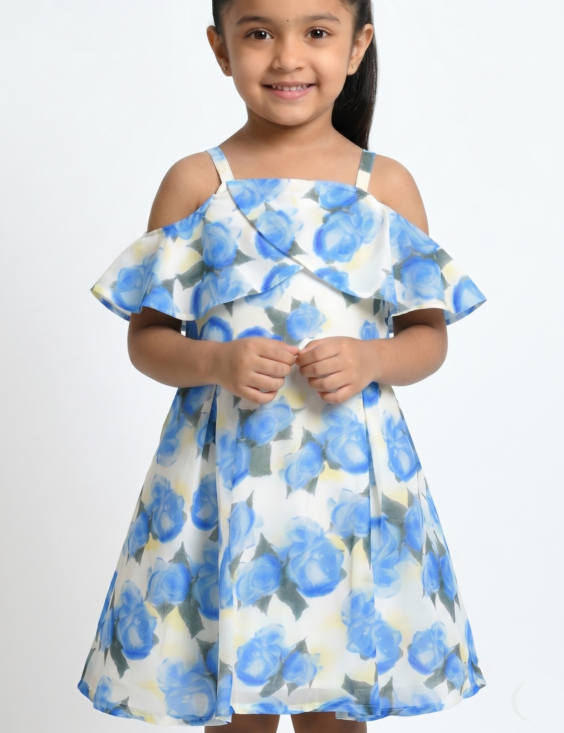 Blue Rose Floral Cold Shoulder Girls Dress with Ruffle Neckline