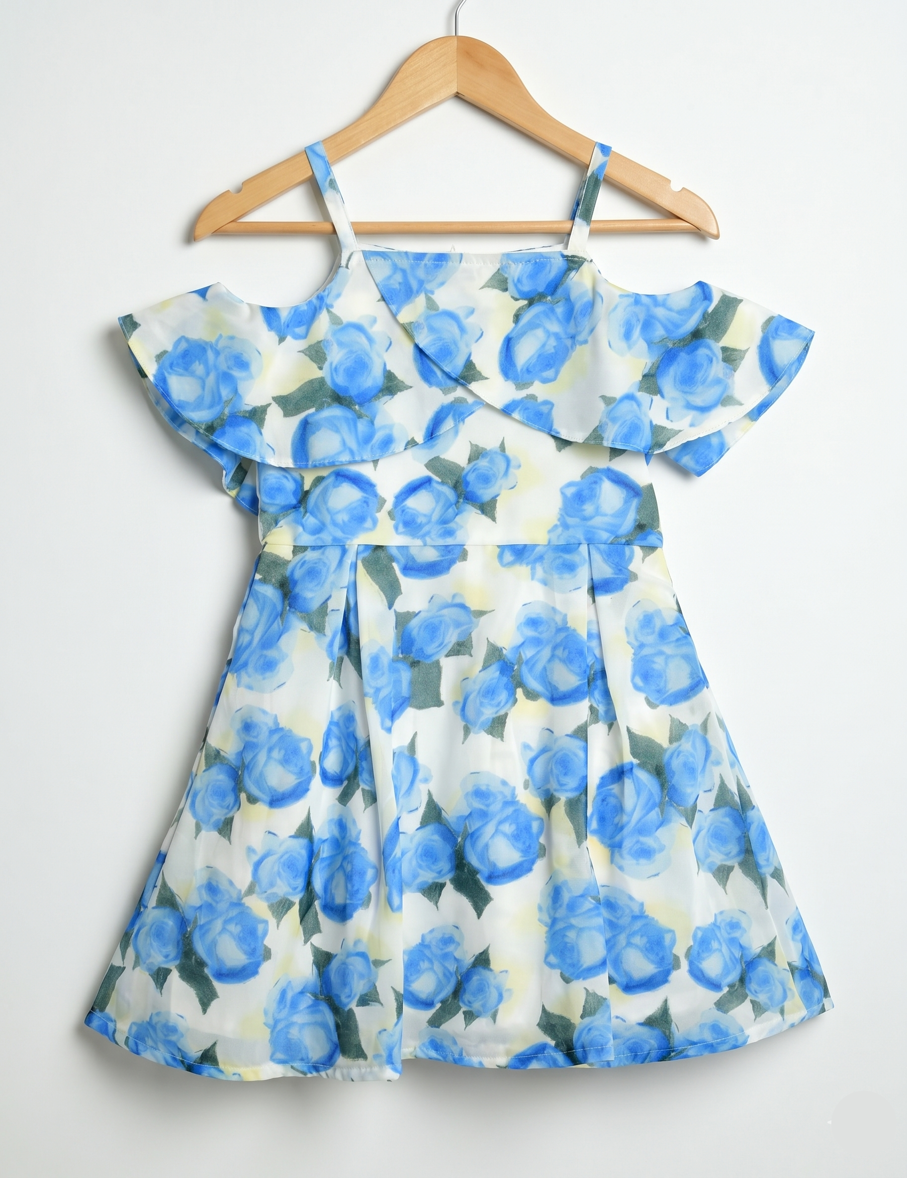 Blue Rose Floral Cold Shoulder Girls Dress with Ruffle Neckline