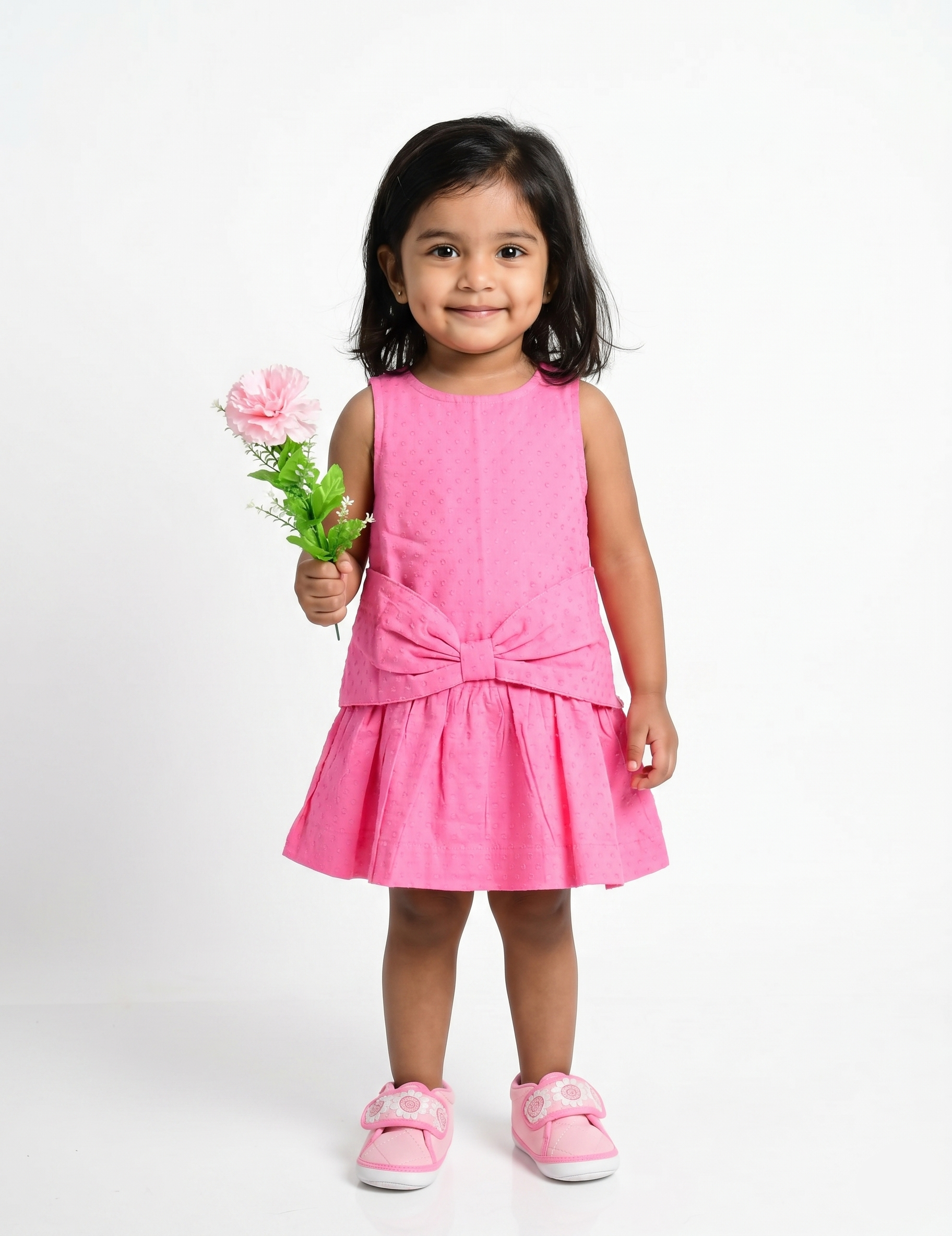 Sleeveless Hot Pink Swiss Dot Girls Dress with Oversized Waist Bow