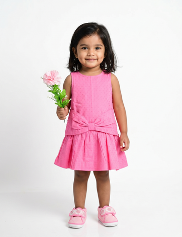 Sleeveless Hot Pink Swiss Dot Girls Dress with Oversized Waist Bow