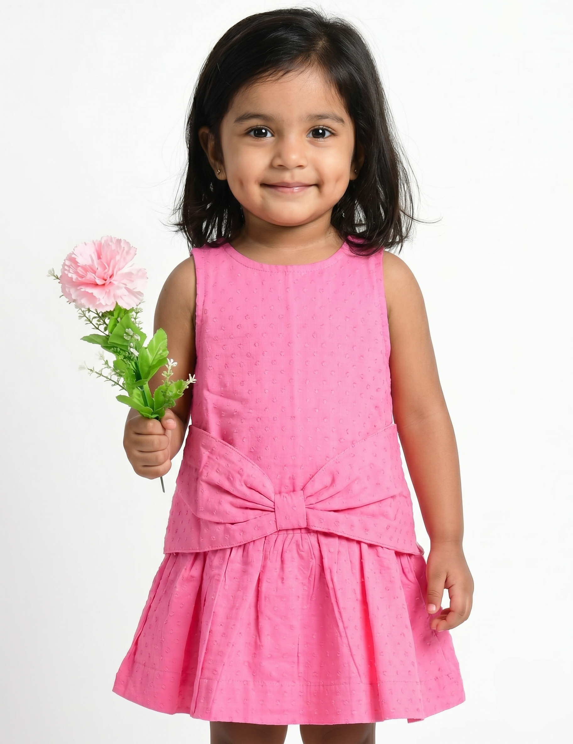 Sleeveless Hot Pink Swiss Dot Girls Dress with Oversized Waist Bow