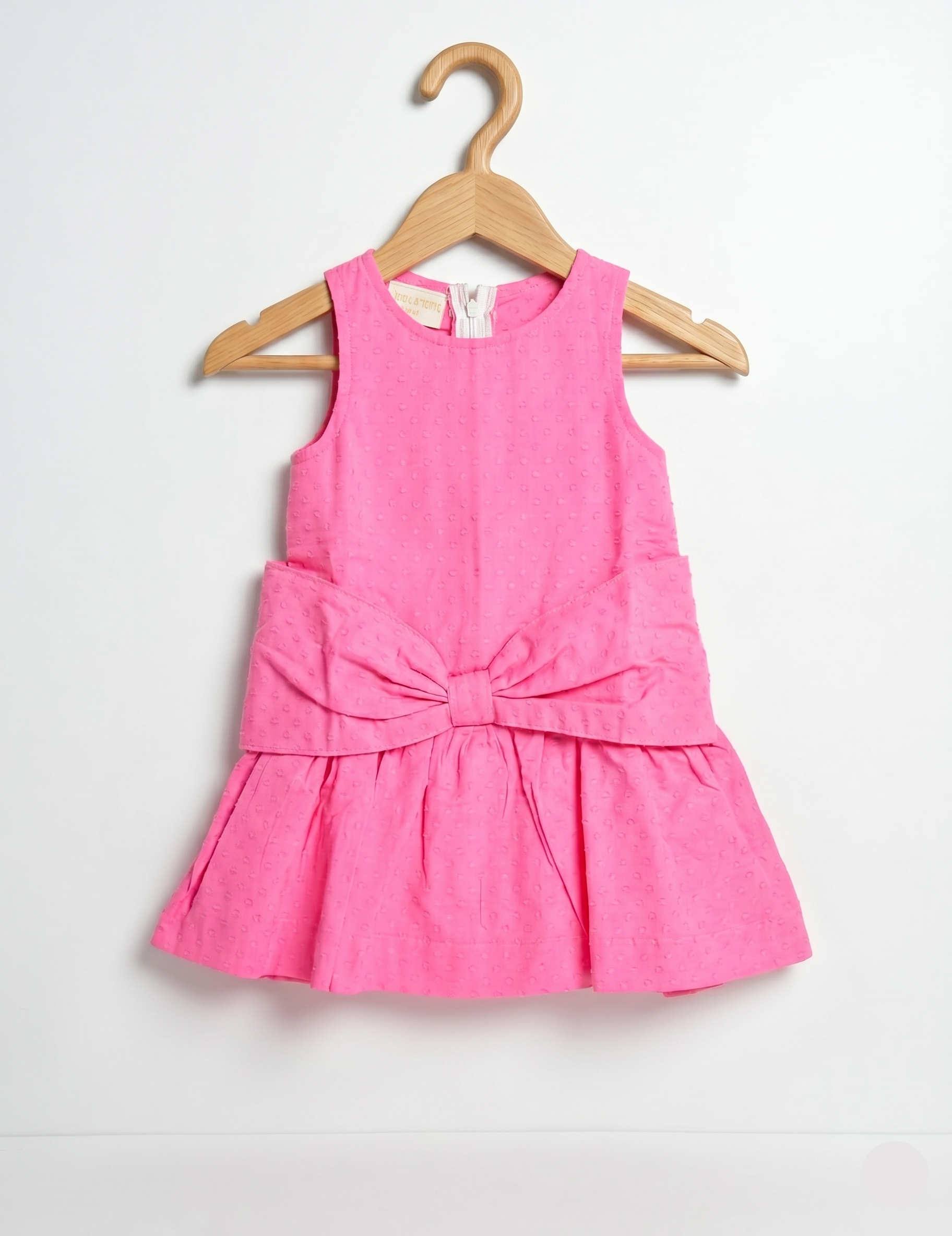 Sleeveless Hot Pink Swiss Dot Girls Dress with Oversized Waist Bow