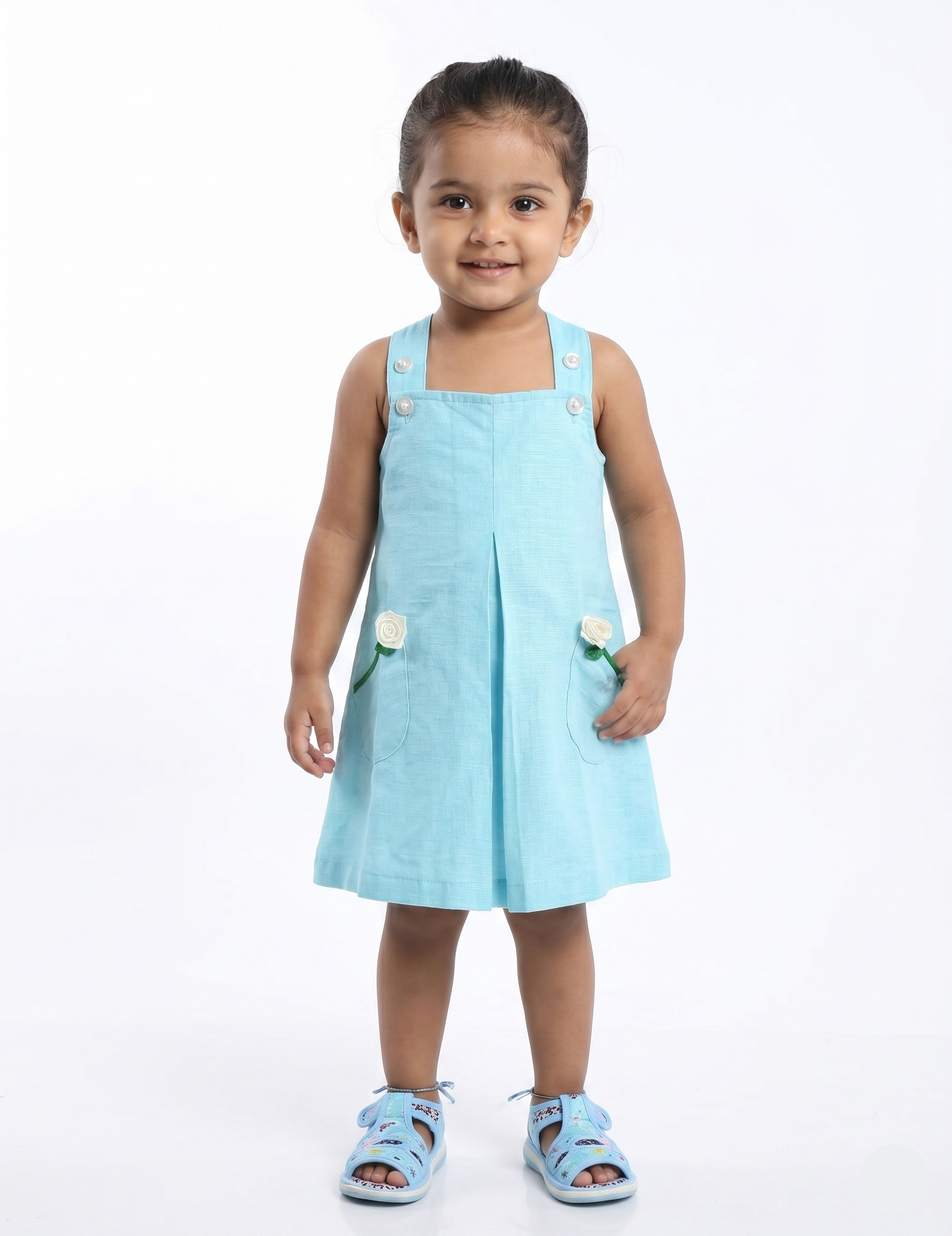 Light Blue Linen-Look Girls Pinafore Dress with Floral Pockets
