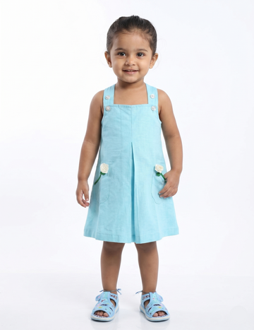 Light Blue Linen-Look Girls Pinafore Dress with Floral Pockets