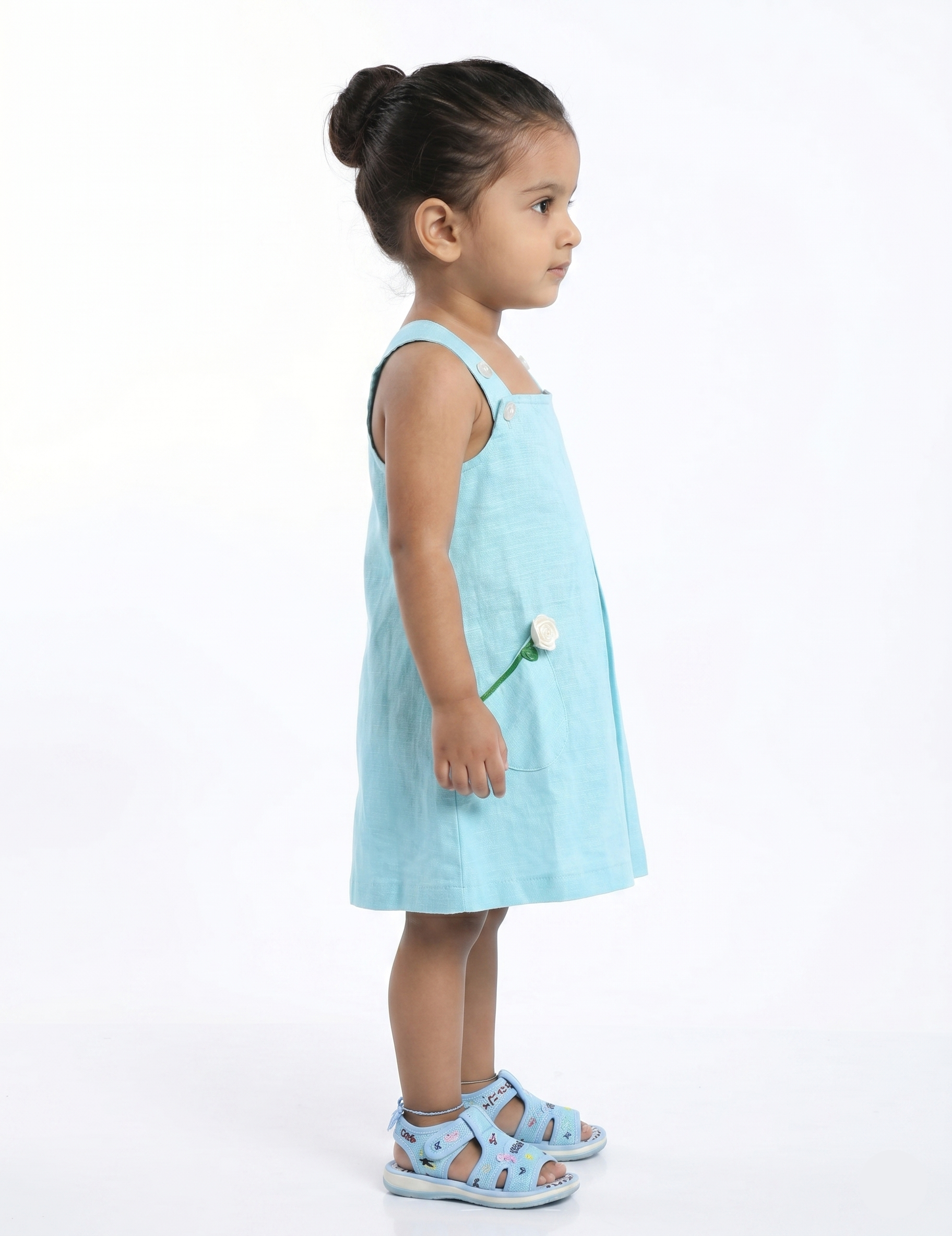 Light Blue Linen-Look Girls Pinafore Dress with Floral Pockets