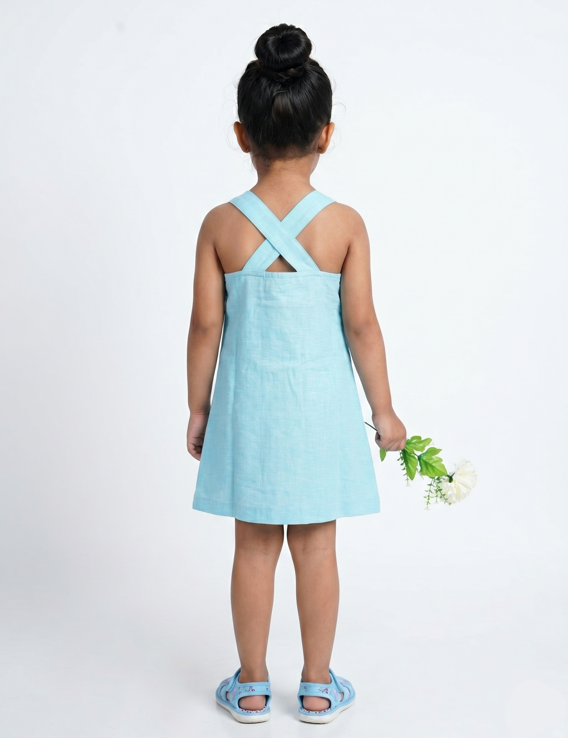 Light Blue Linen-Look Girls Pinafore Dress with Floral Pockets