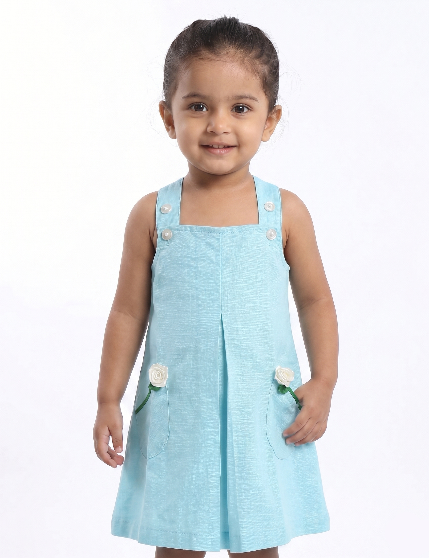 Light Blue Linen-Look Girls Pinafore Dress with Floral Pockets