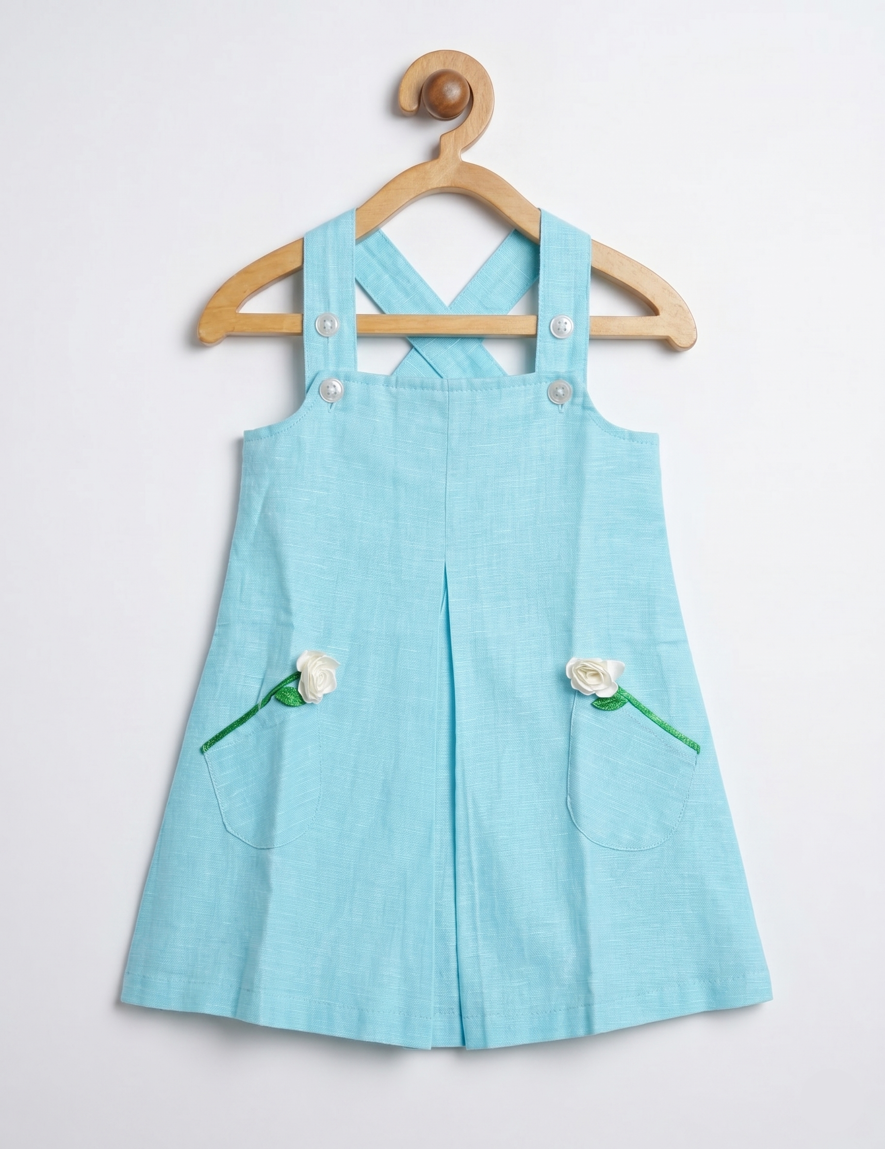 Light Blue Linen-Look Girls Pinafore Dress with Floral Pockets