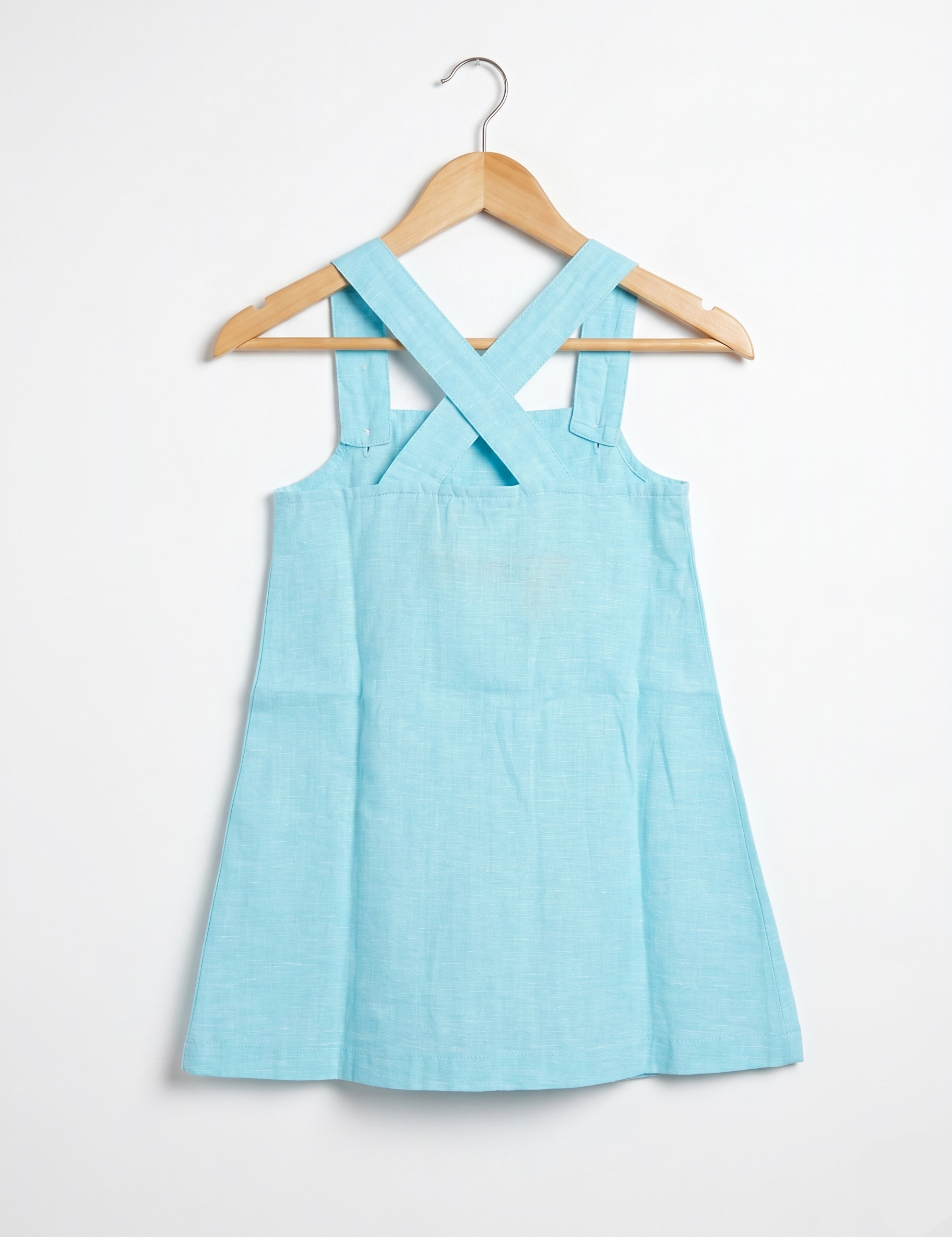 Light Blue Linen-Look Girls Pinafore Dress with Floral Pockets
