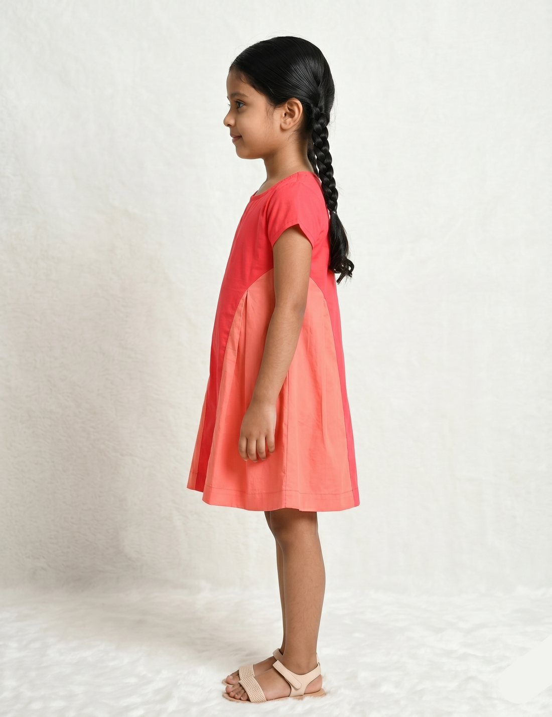 Coral Color-Block A-Line Dress for Girls
