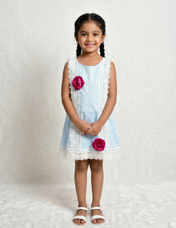 Girl's Light Blue A-Line Dress with White Lace Trim & Floral Accents